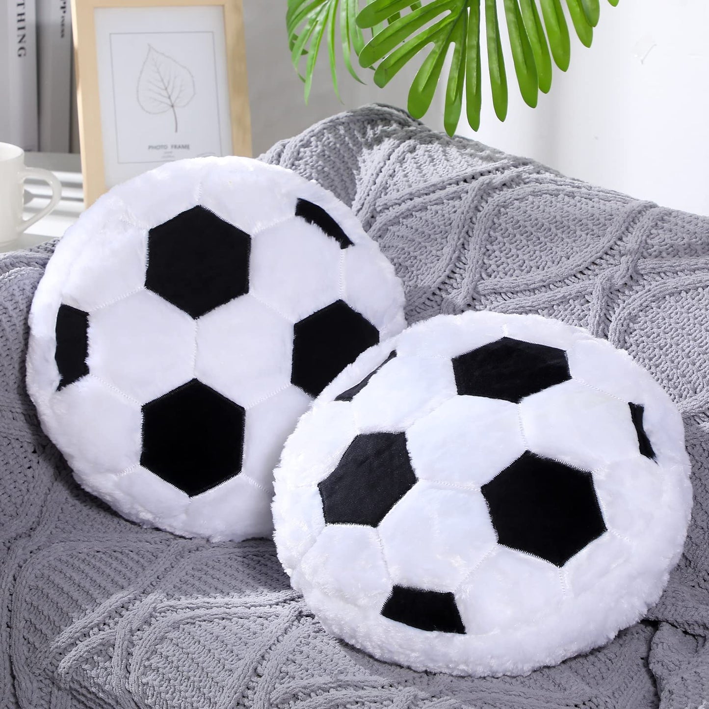 Jetec 2-Pcs Soccer Pillow – Fluffy Plush Round Soccer Ball Shaped Cushion for Bedroom Decor