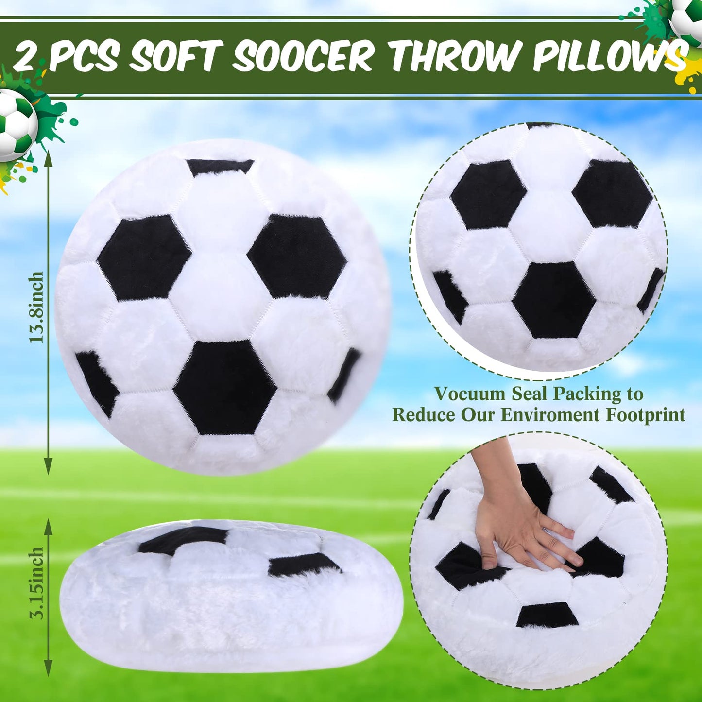 Jetec 2-Pcs Soccer Pillow – Fluffy Plush Round Soccer Ball Shaped Cushion for Bedroom Decor