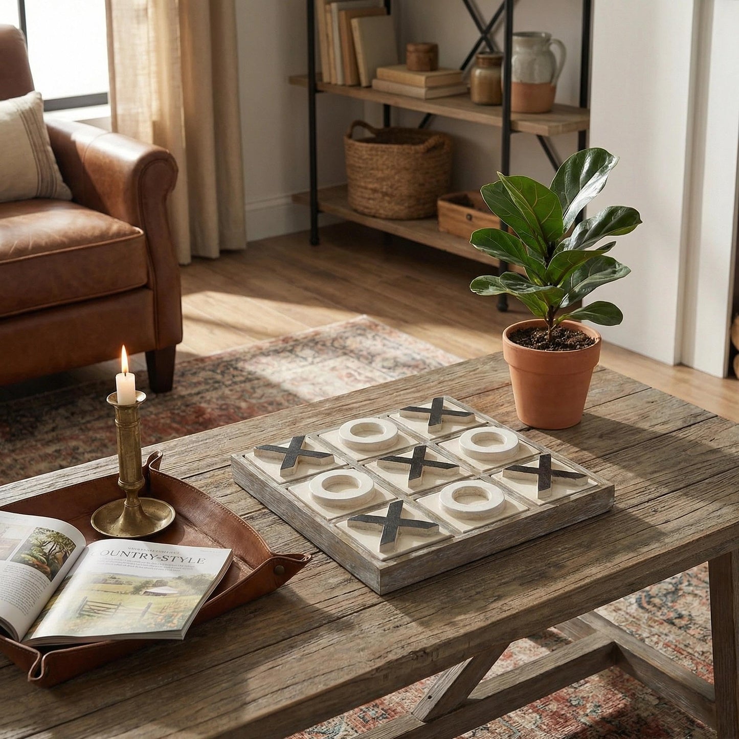 JEVERGN 12.6-Inch Large Wooden Tic Tac Toe Game — Rustic Farmhouse Coffee Table Board