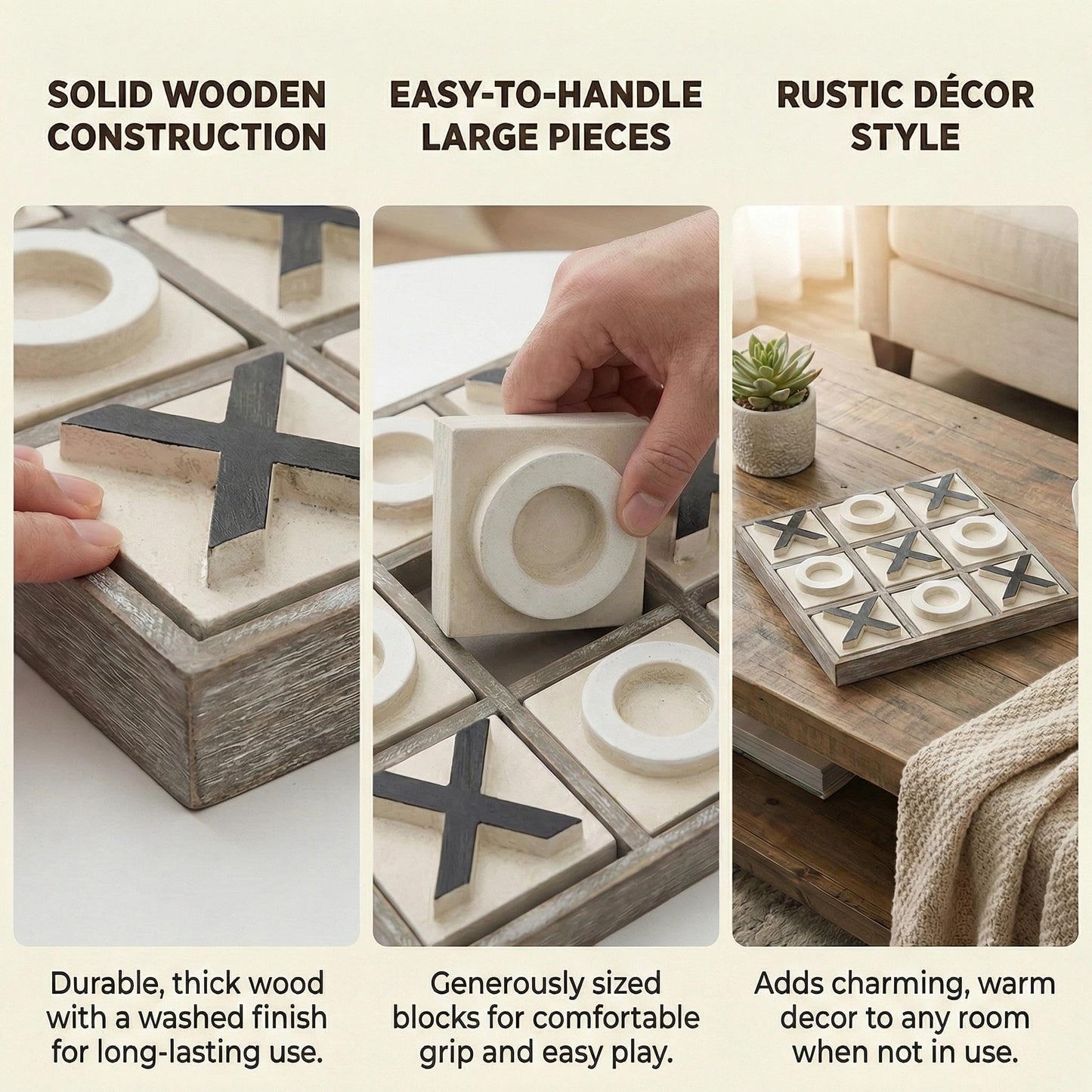 JEVERGN 12.6-Inch Large Wooden Tic Tac Toe Game — Rustic Farmhouse Coffee Table Board