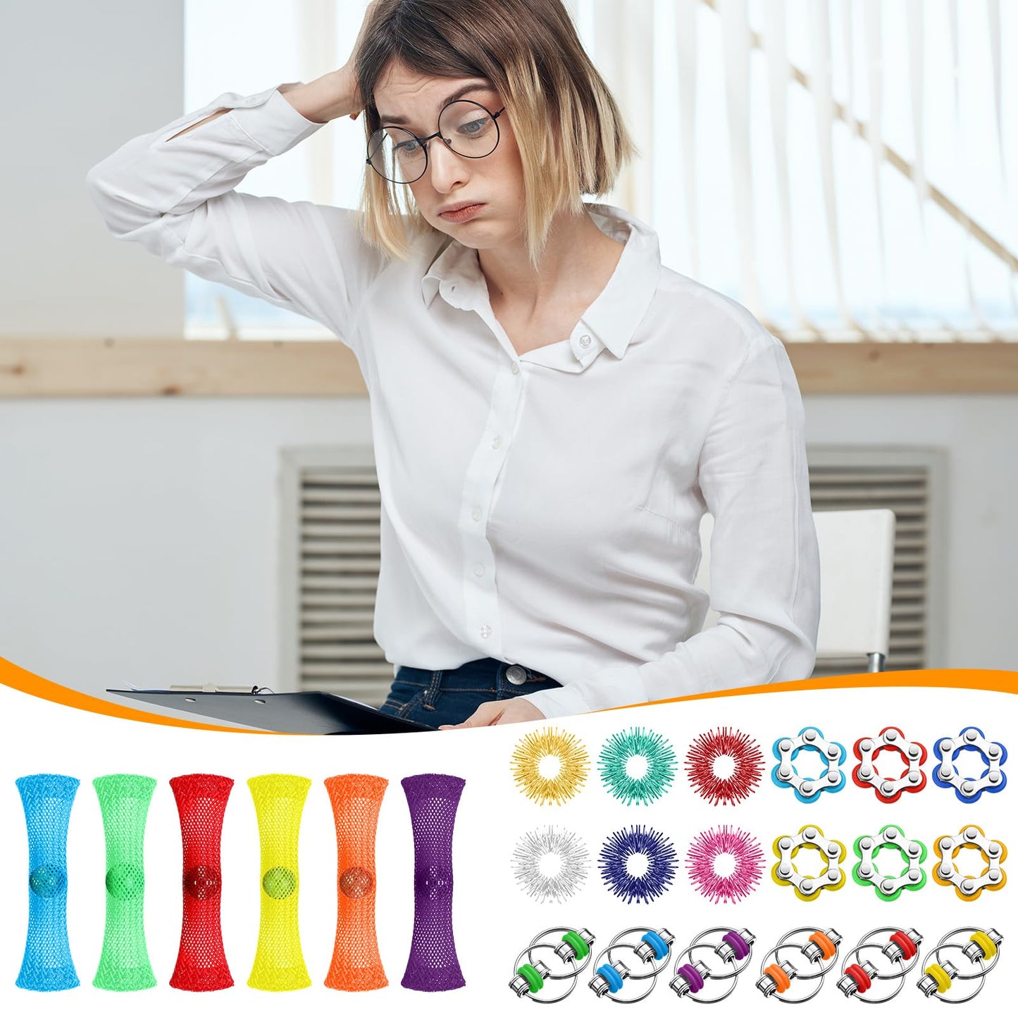 Jexine 48-Piece Fidget Set: Roller Chain, Spiked Rings & Mesh
