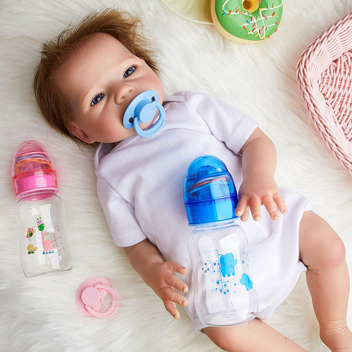 Jexine 4-Piece Reborn Doll Accessories — Magnetic Pacifiers & 125ml Bottles (Pink/Blue, Random Pattern)