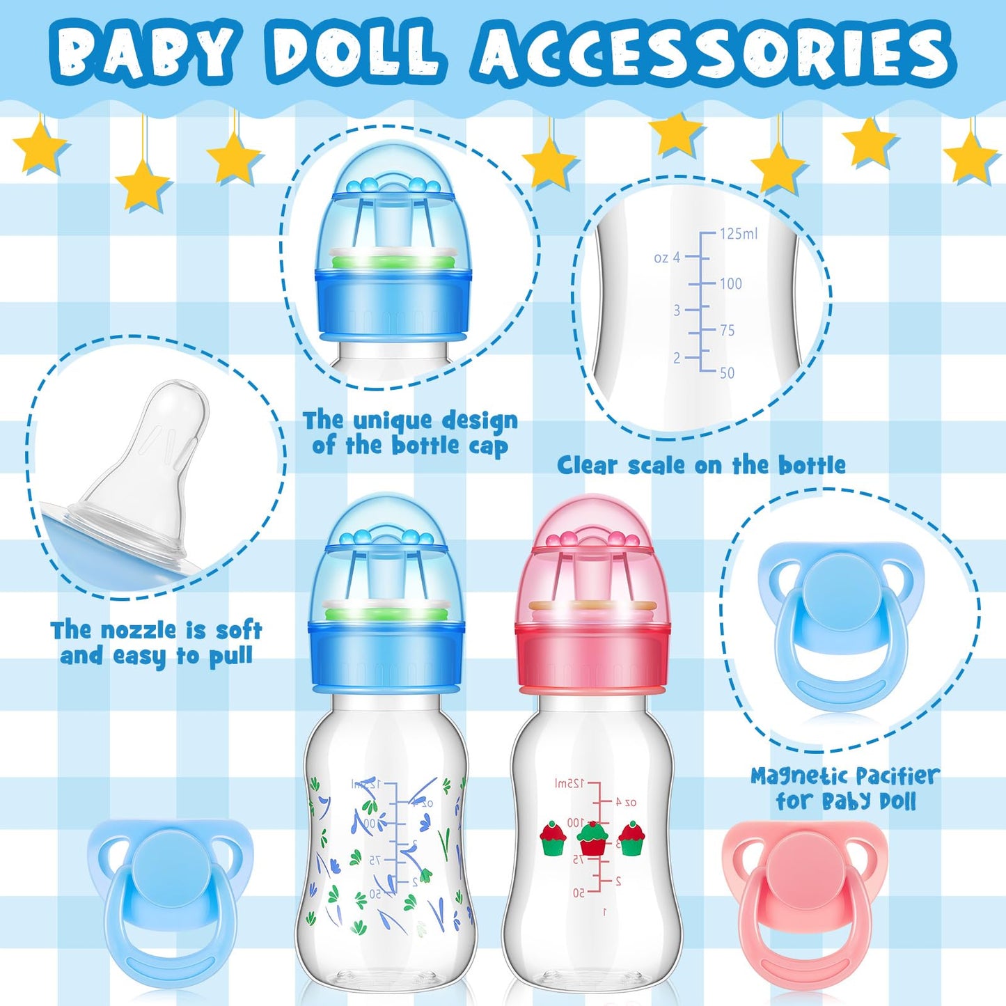 Jexine 4-Piece Reborn Doll Accessories — Magnetic Pacifiers & 125ml Bottles (Pink/Blue, Random Pattern)
