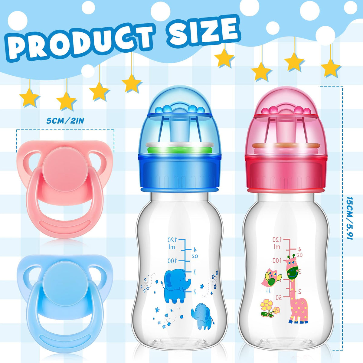 Jexine 4-Piece Reborn Doll Accessories — Magnetic Pacifiers & 125ml Bottles (Pink/Blue, Random Pattern)