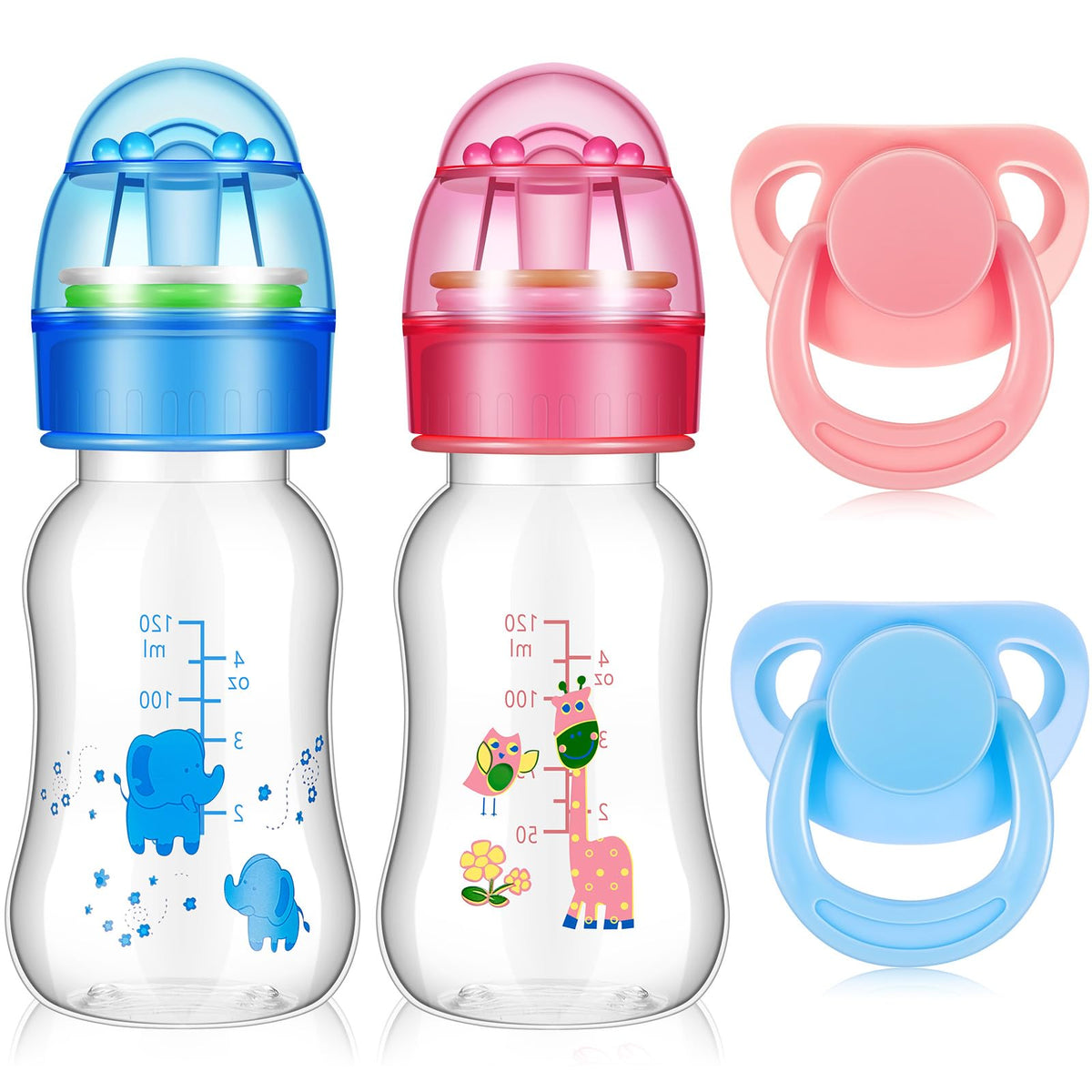 Jexine 4-Piece Reborn Doll Accessories — Magnetic Pacifiers & 125ml Bottles (Pink/Blue, Random Pattern)