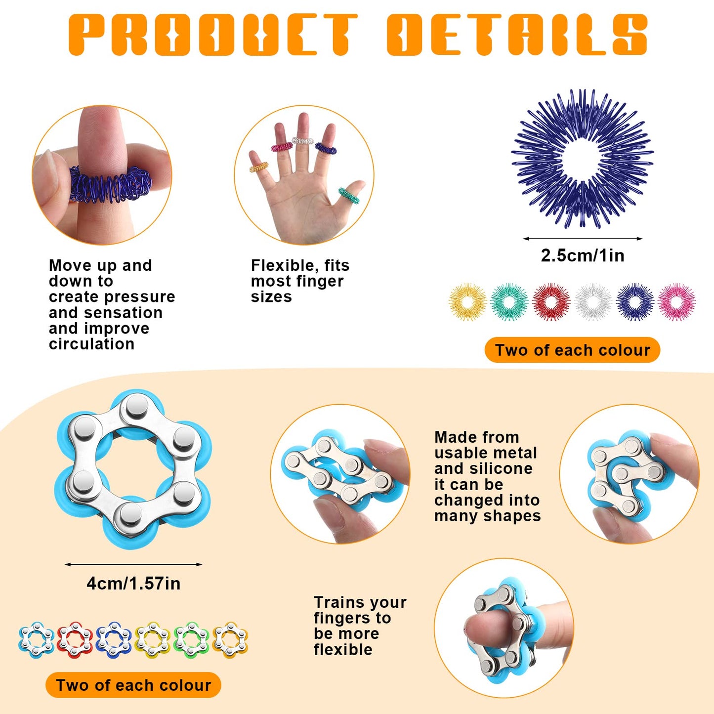 Jexine 48-Piece Fidget Set: Roller Chain, Spiked Rings & Mesh