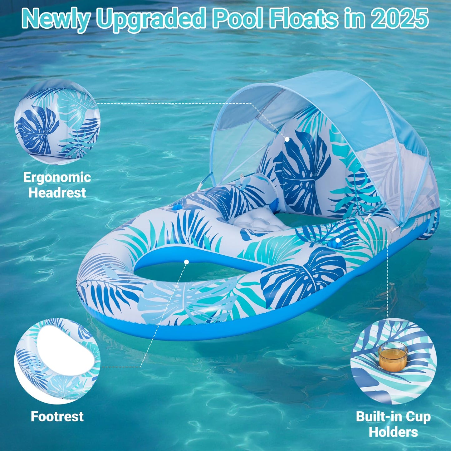 JGV Grand XL Canopy Pool Lounge — Inflatable Chair Lounger with Cup Holders