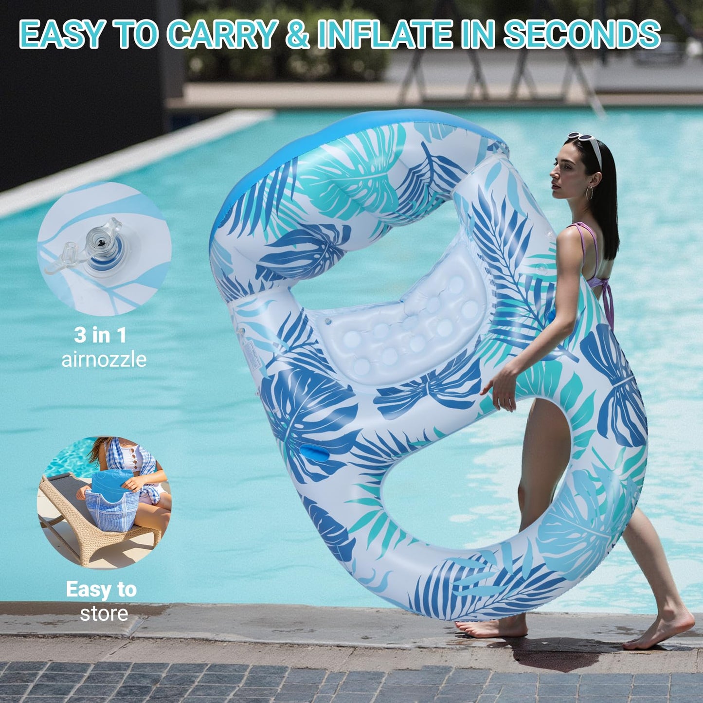 JGV Grand XL Canopy Pool Lounge — Inflatable Chair Lounger with Cup Holders