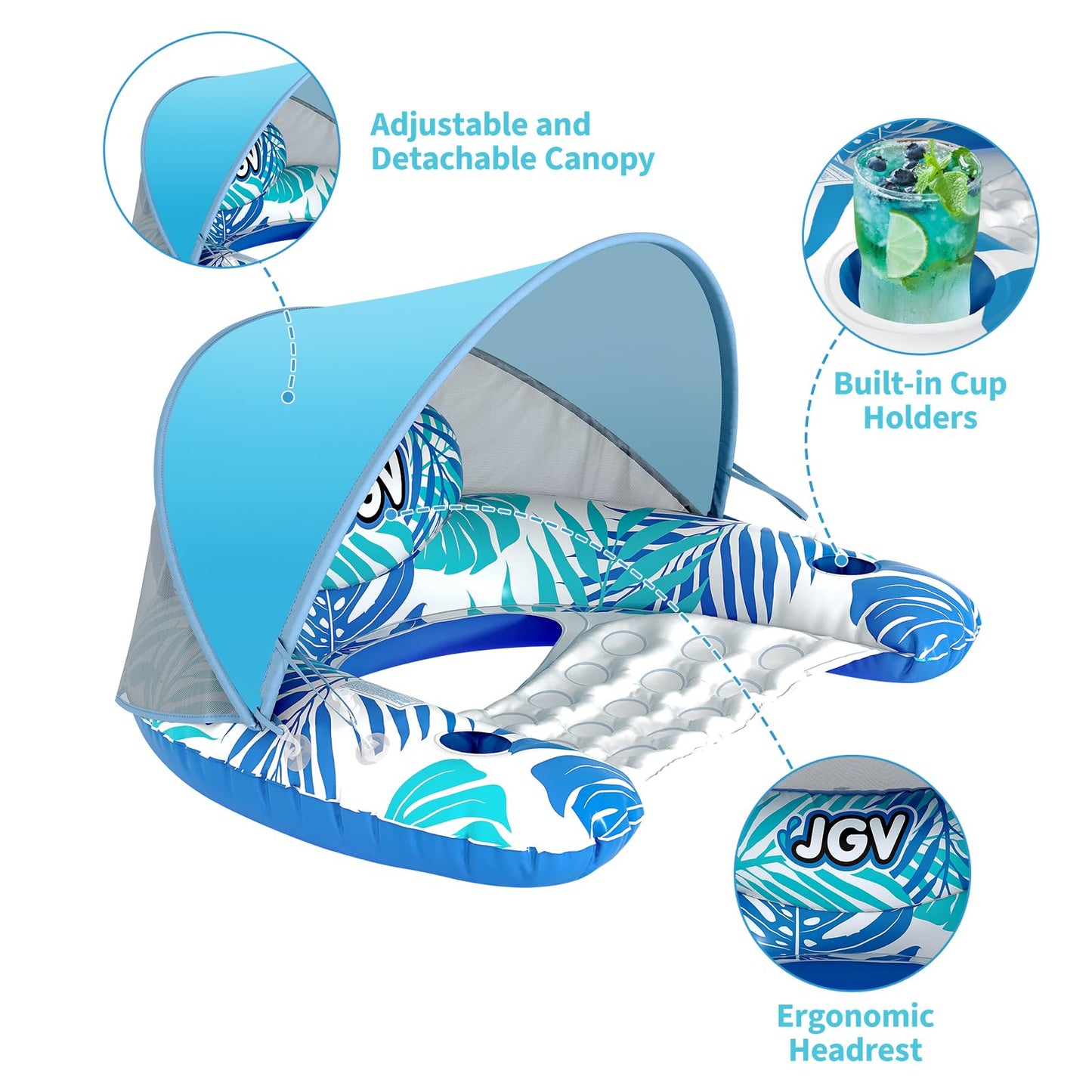 JGV XL Pool Float with Canopy – Lounge Chair, SPF 50+, Cup Holders