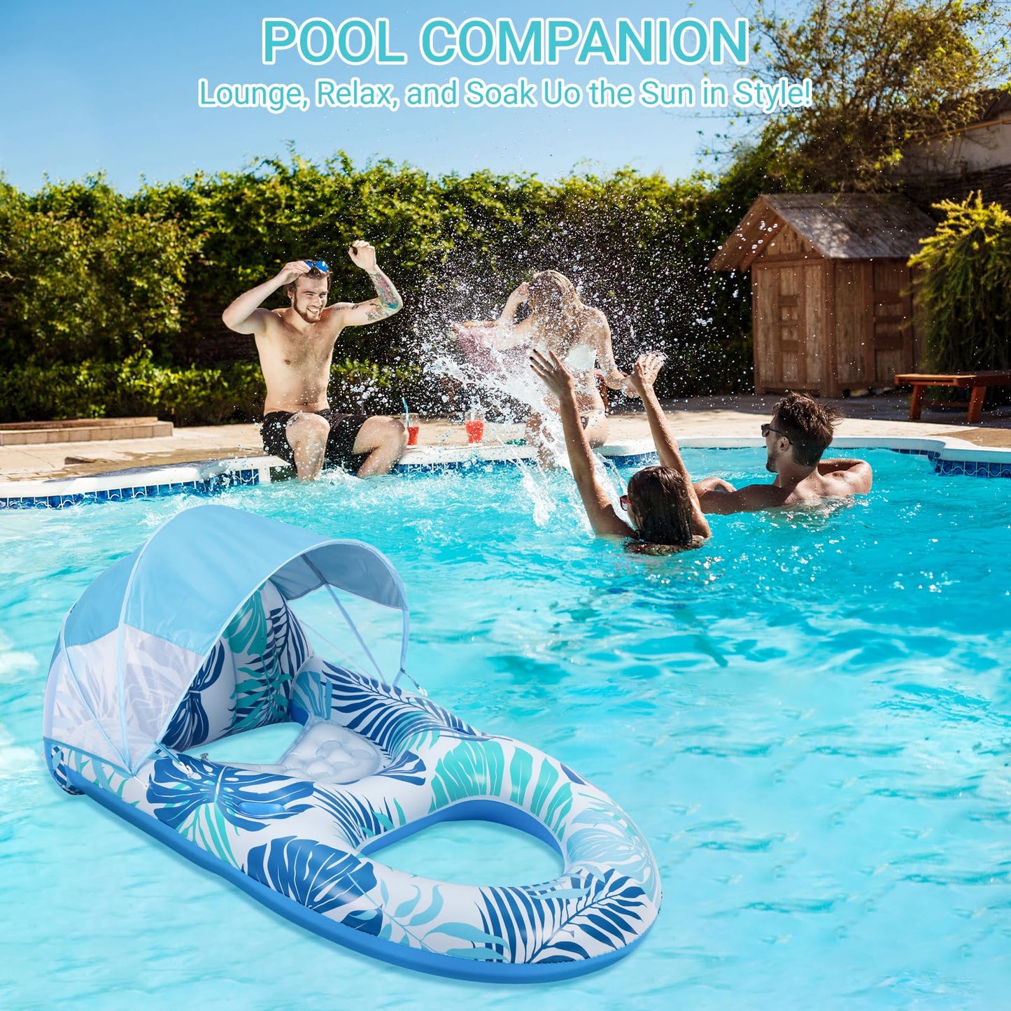 JGV Grand XL Canopy Pool Lounge — Inflatable Chair Lounger with Cup Holders