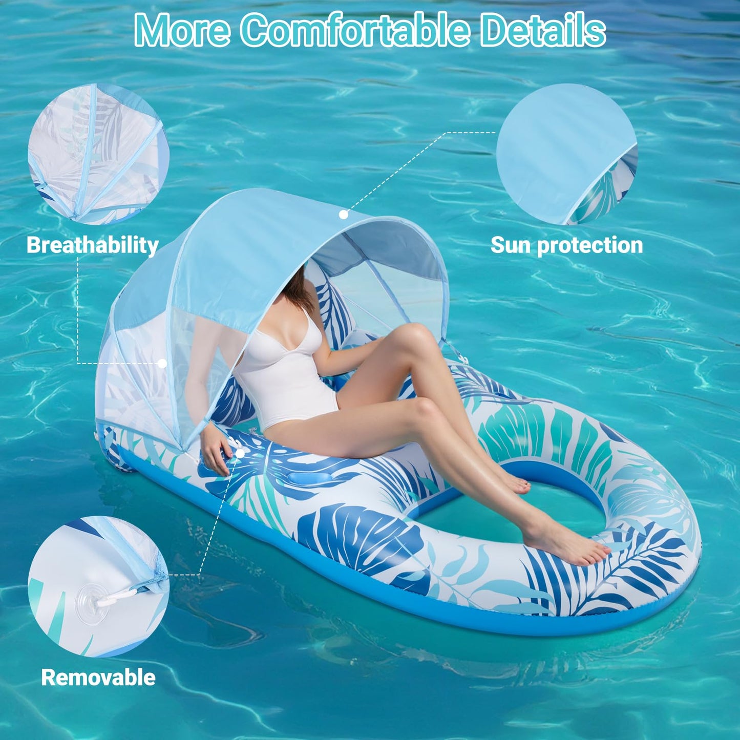 JGV Grand XL Canopy Pool Lounge — Inflatable Chair Lounger with Cup Holders