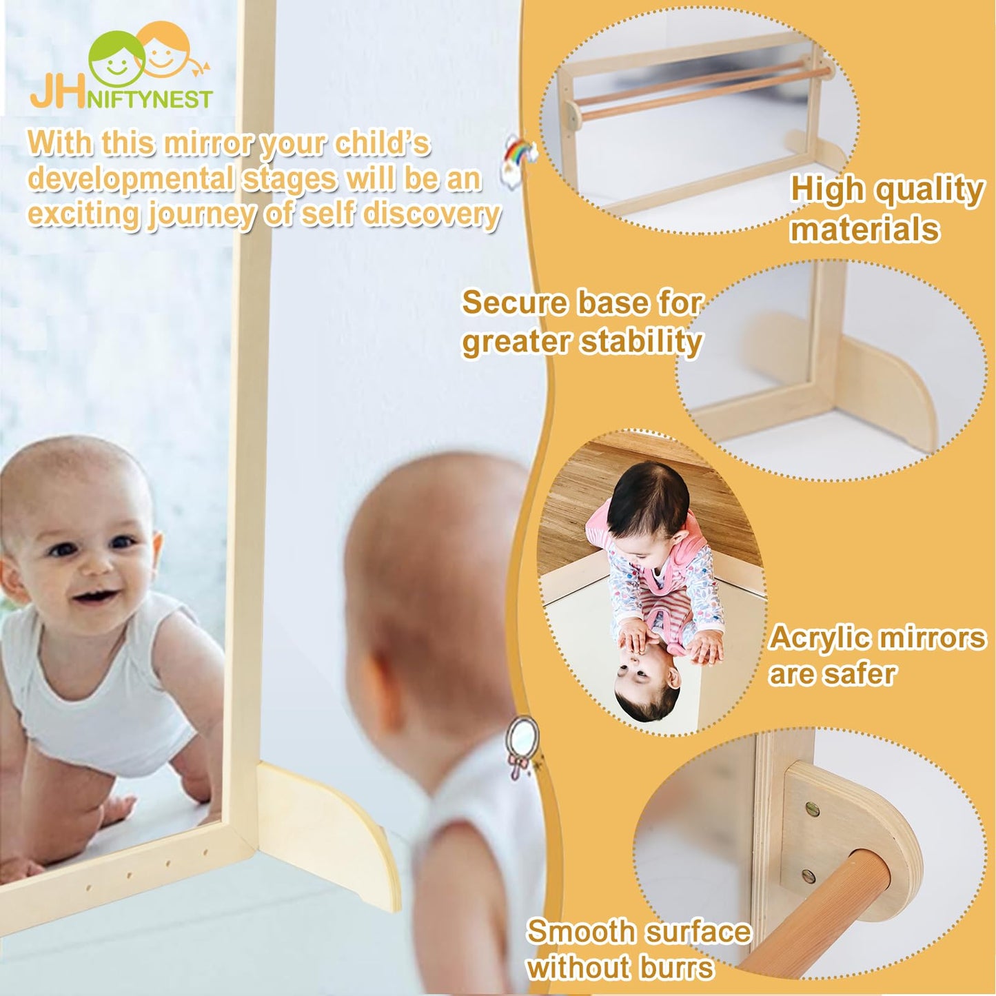 JHNIFTYNEST Infant Coordination Mirror – Montessori Wooden Safety Pull-Up Bar, 47.24 Inches Long
