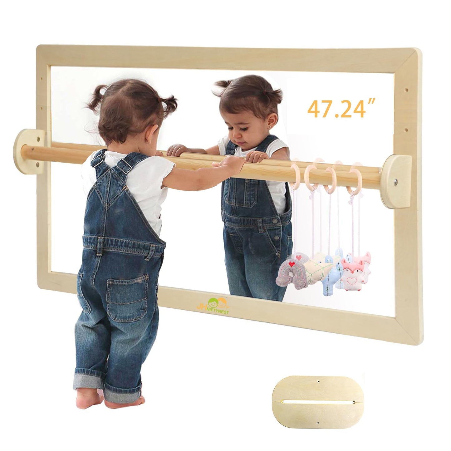 JHNIFTYNEST Infant Coordination Mirror – Montessori Wooden Safety Pull-Up Bar, 47.24 Inches Long