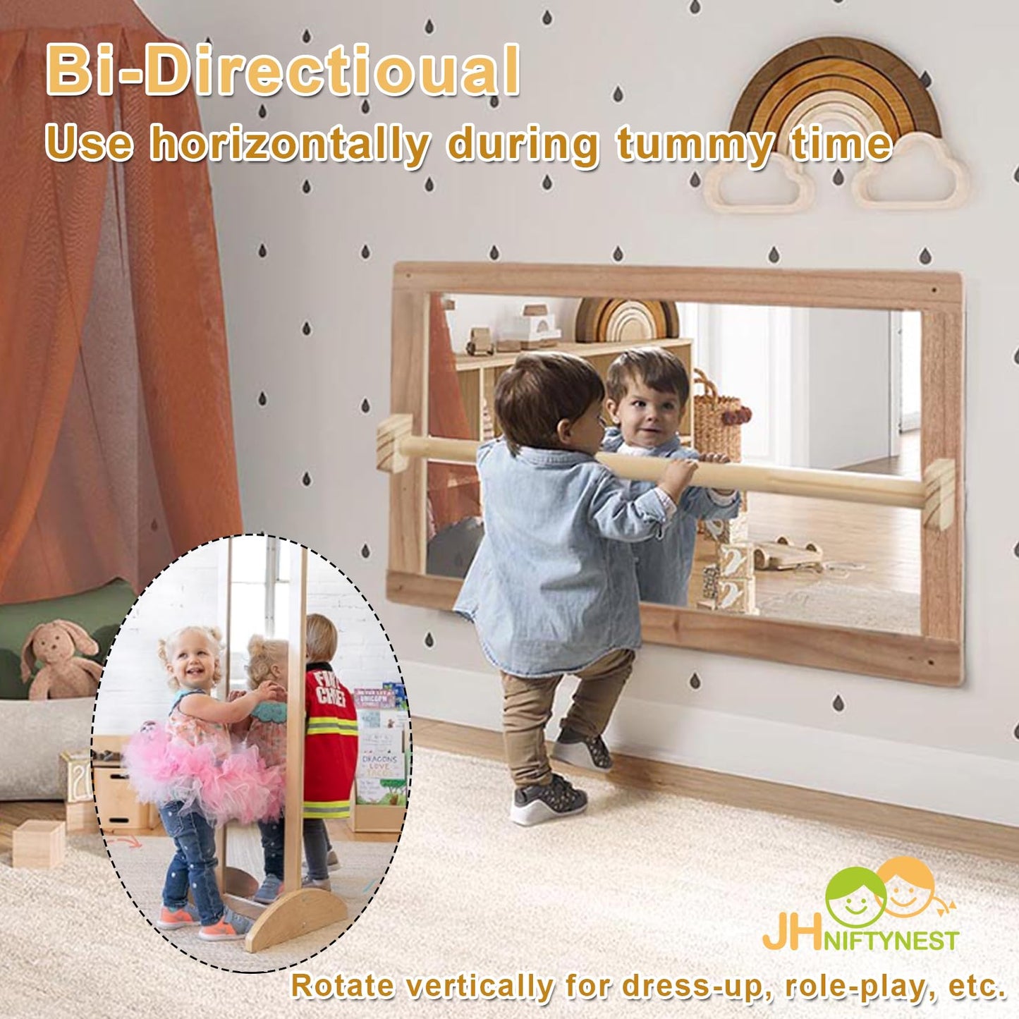 JHNIFTYNEST Infant Coordination Mirror – Montessori Wooden Safety Pull-Up Bar, 47.24 Inches Long