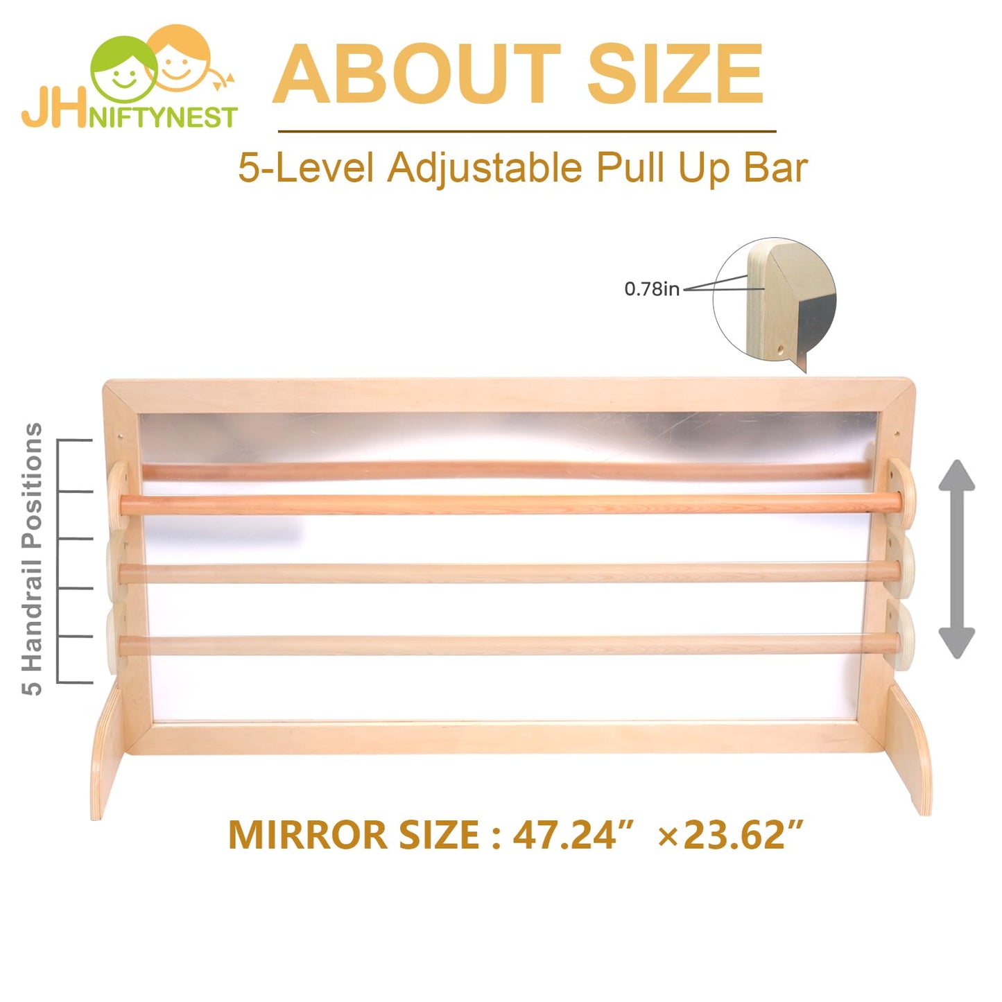 JHNIFTYNEST Infant Coordination Mirror – Montessori Wooden Safety Pull-Up Bar, 47.24 Inches Long