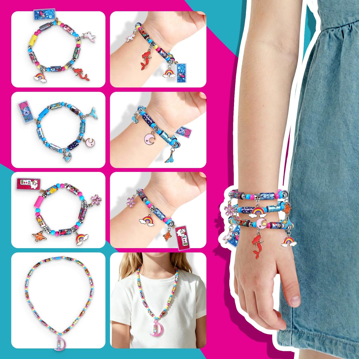 JHTIGRE DIY Sticker Bracelet Maker Kit – 350 Mini Rolls, 12 Pendants, 6 Bracelets & 2 Necklaces