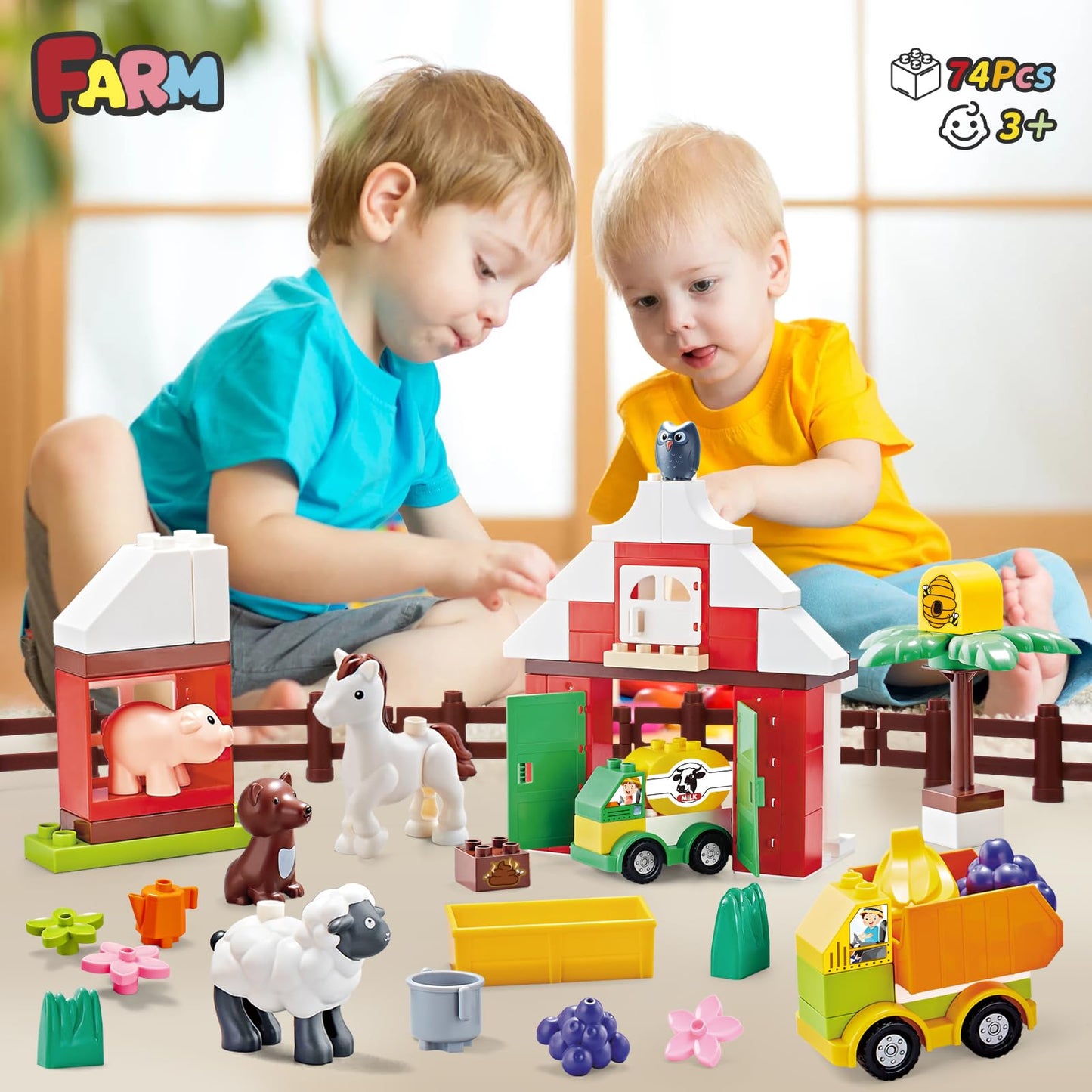 JHTigre Farm Building Blocks – 74-Piece Toddler Set (Ages 2-5) | Compatible with Major Brands
