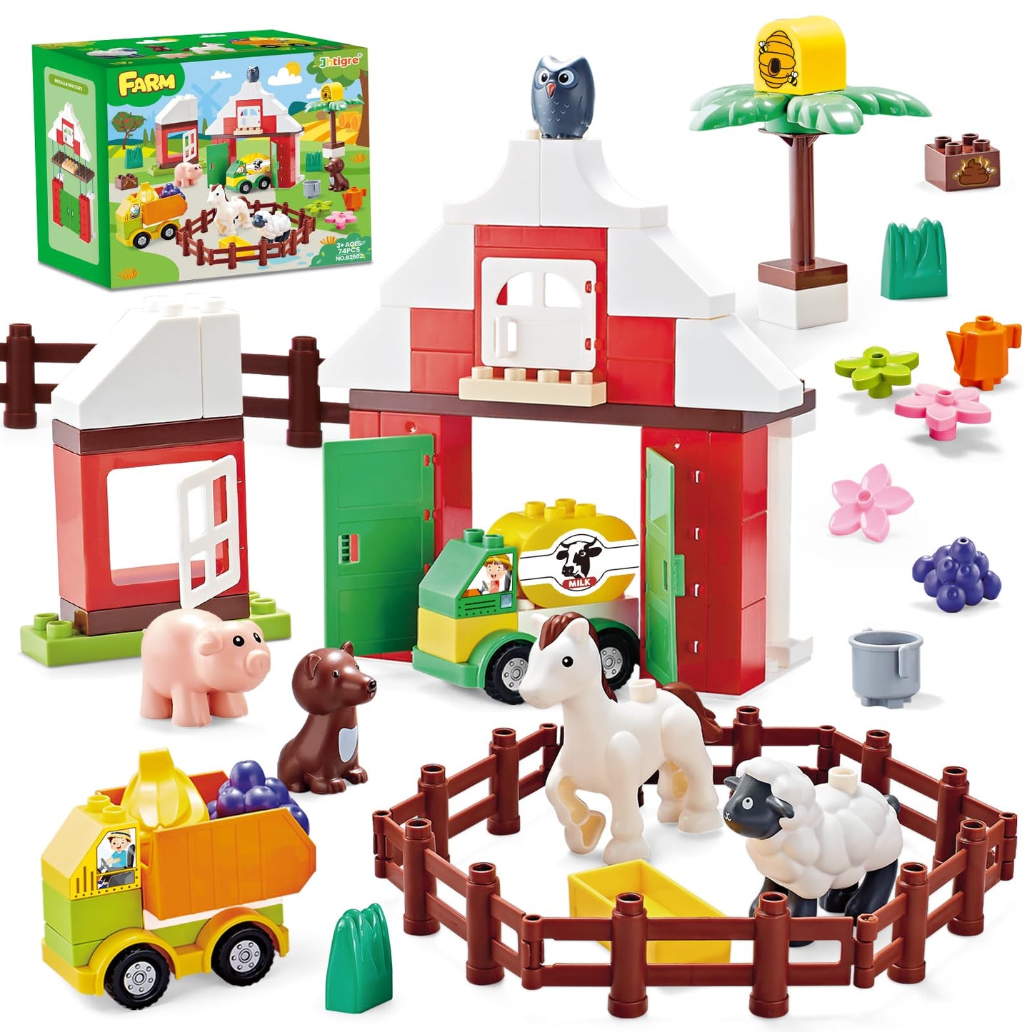 JHTigre Farm Building Blocks – 74-Piece Toddler Set (Ages 2-5) | Compatible with Major Brands
