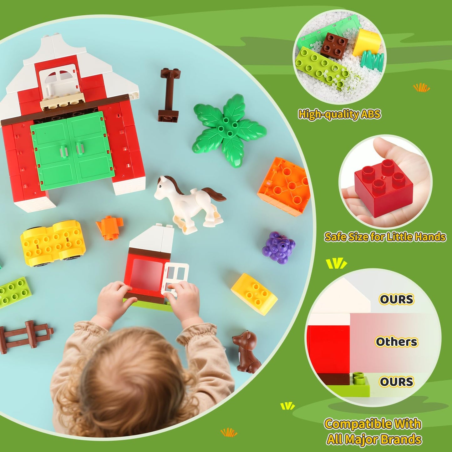 JHTigre Farm Building Blocks – 74-Piece Toddler Set (Ages 2-5) | Compatible with Major Brands