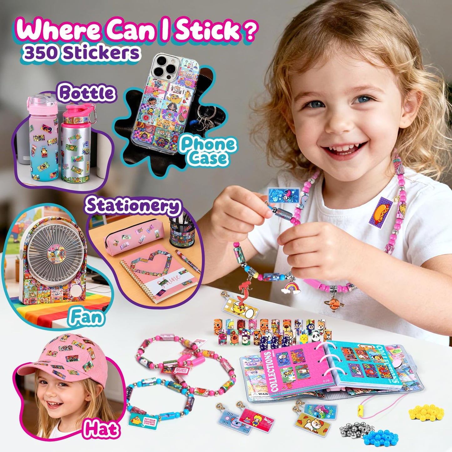 JHTIGRE DIY Sticker Bracelet Maker Kit – 350 Mini Rolls, 12 Pendants, 6 Bracelets & 2 Necklaces