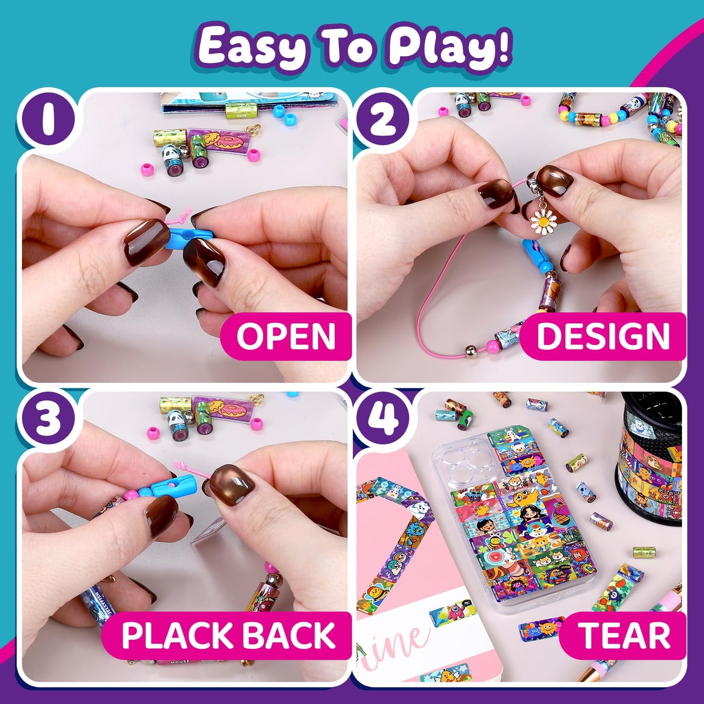 JHTIGRE DIY Sticker Bracelet Maker Kit – 350 Mini Rolls, 12 Pendants, 6 Bracelets & 2 Necklaces