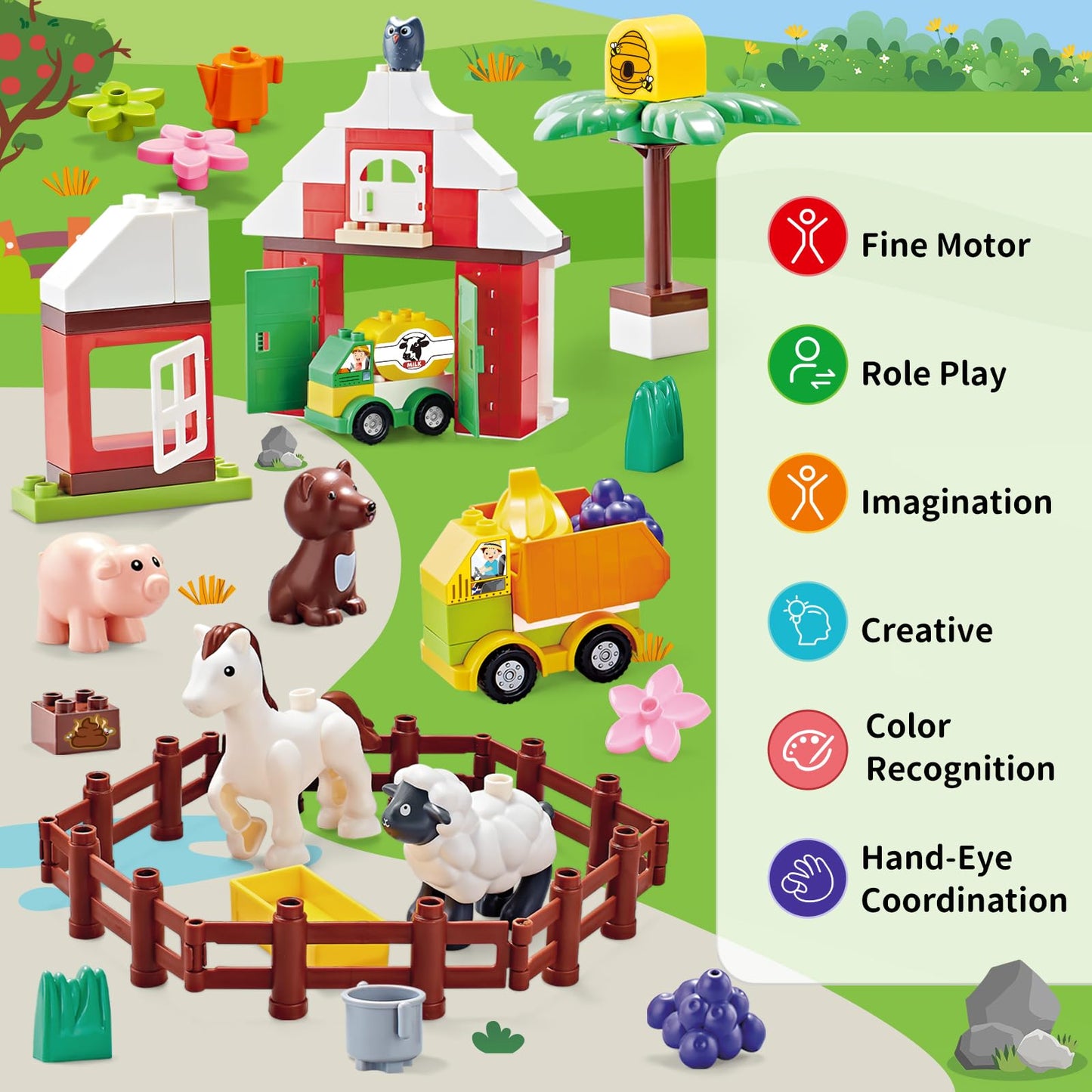 JHTigre Farm Building Blocks – 74-Piece Toddler Set (Ages 2-5) | Compatible with Major Brands