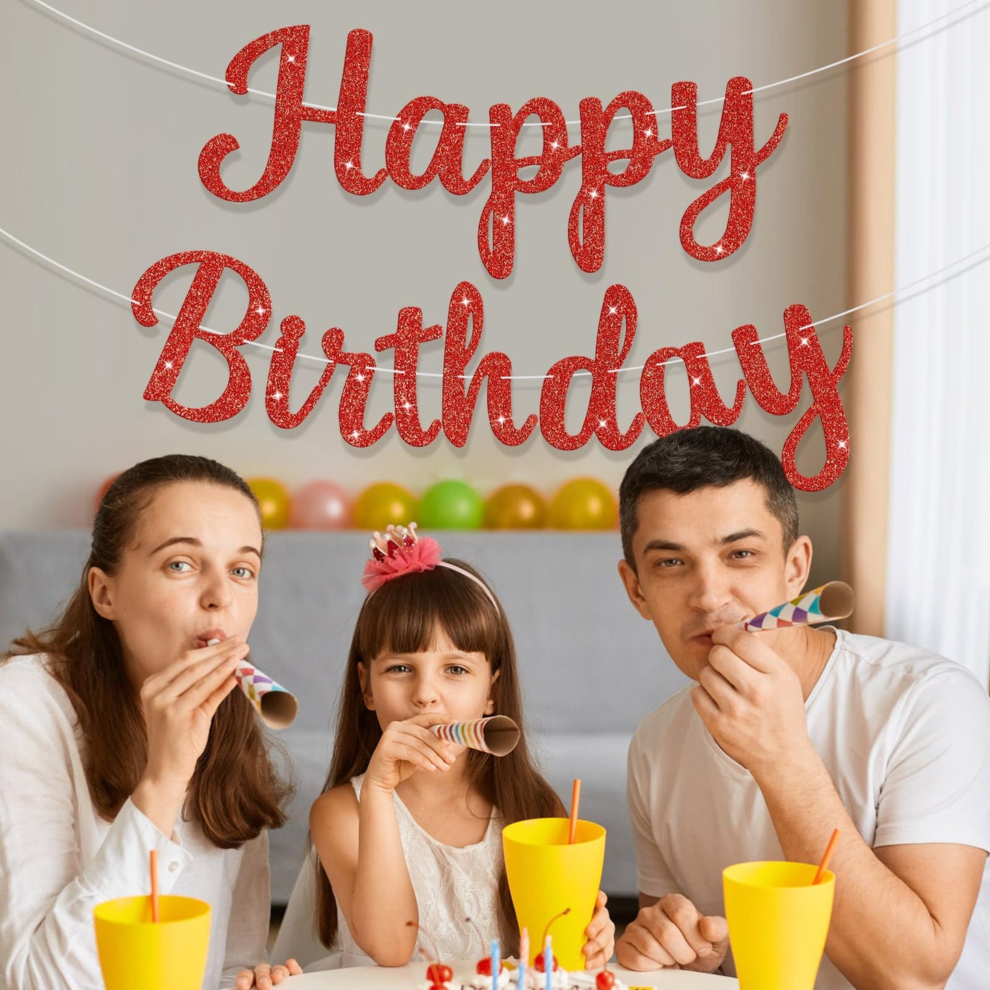 JHZMCRX Red Glitter Happy Birthday Banner Sign – DIY Birthday Garland for Walls, Doors & Backdrops