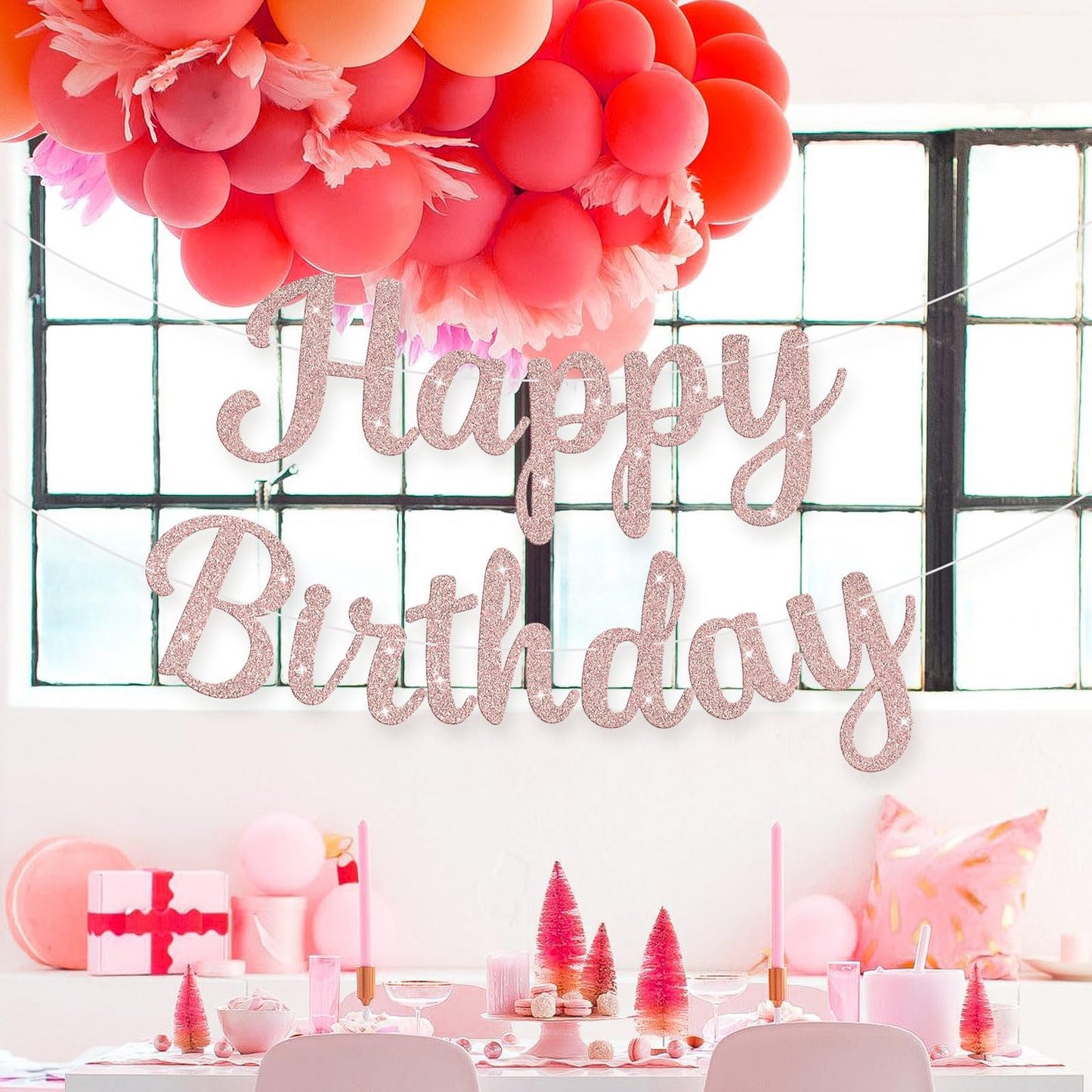 JHZMCRX Rose Gold Happy Birthday Banner with Glitter Letters | Party Backdrop Decor