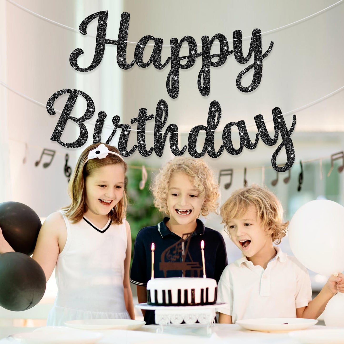 JHZMCRX Glitter Black Happy Birthday Banner – DIY Glitter Letter Garland for Parties