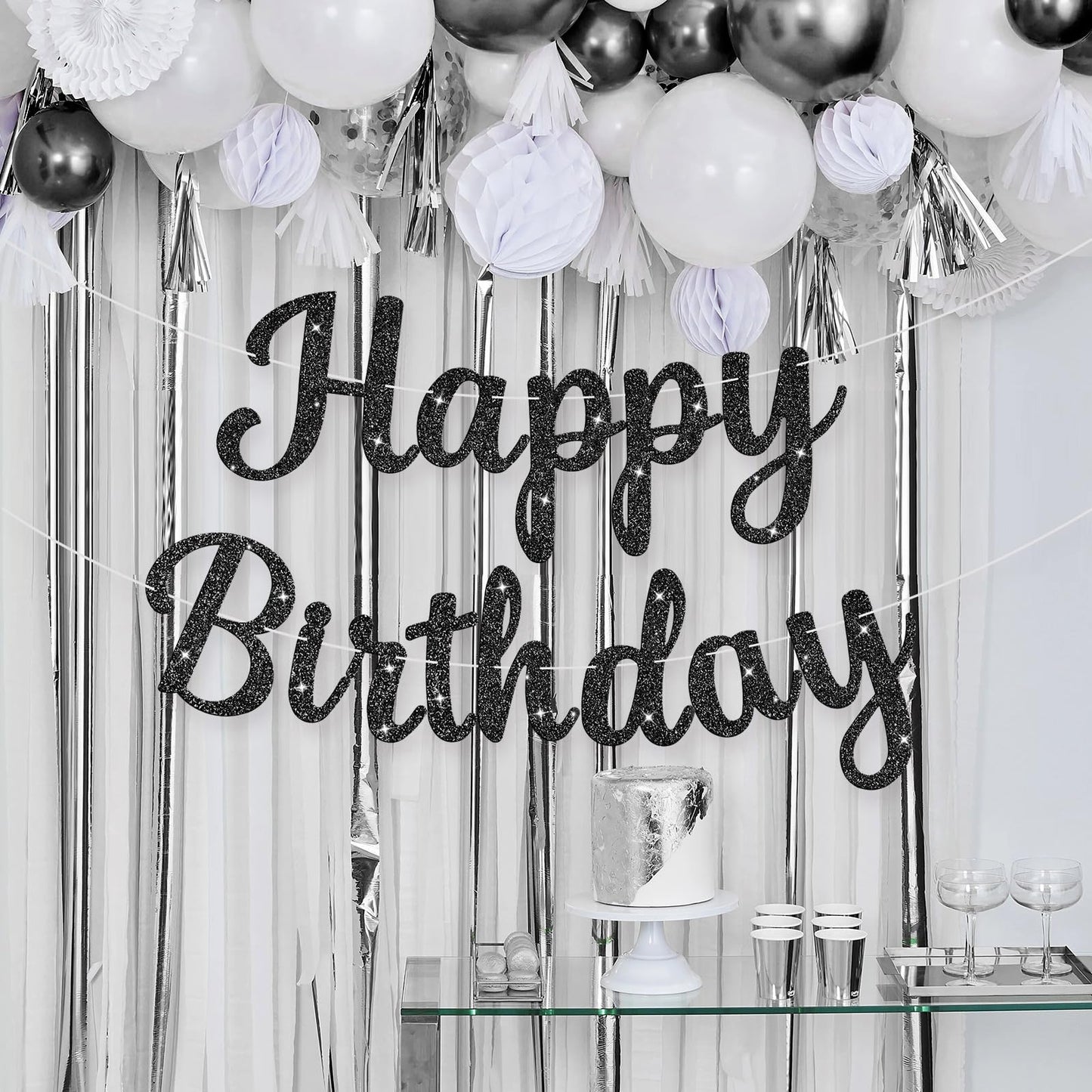 JHZMCRX Glitter Black Happy Birthday Banner – DIY Glitter Letter Garland for Parties