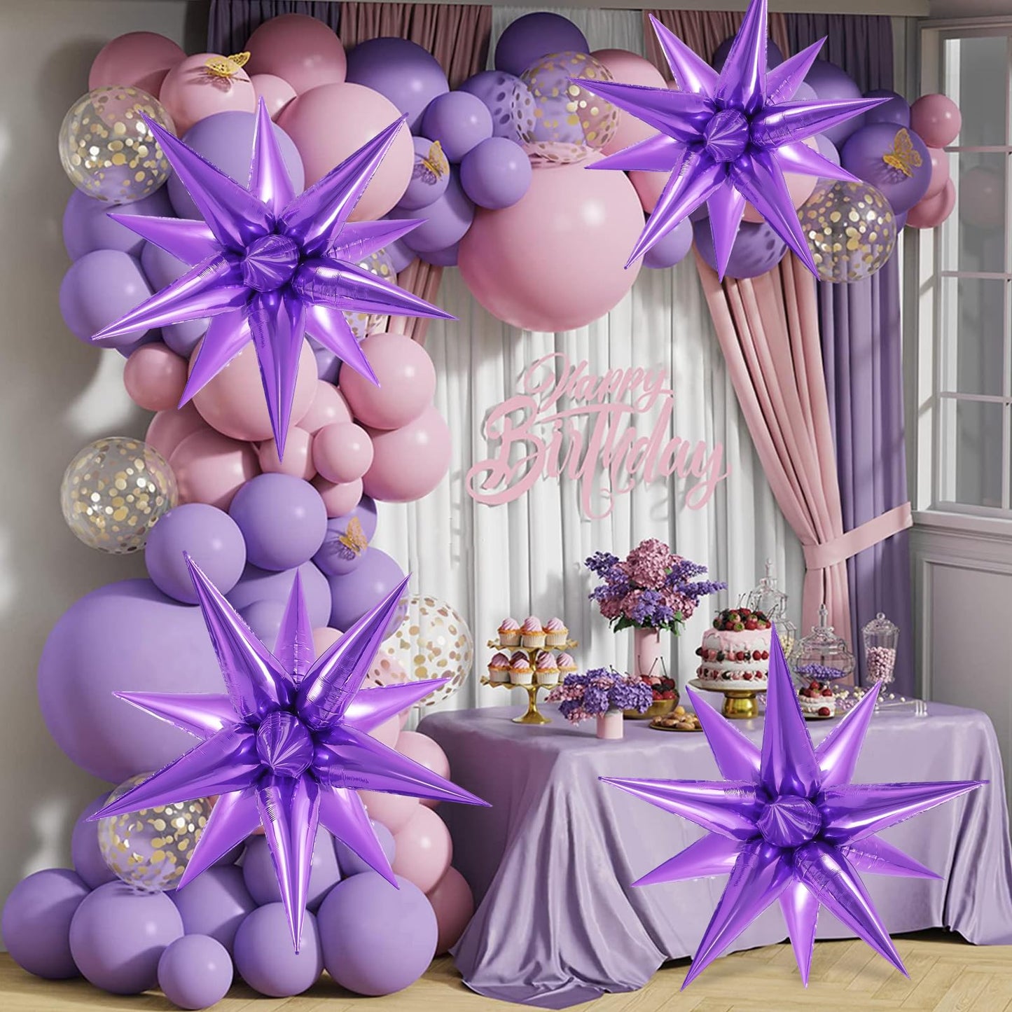 JHZMCRX 72 Pcs Purple Star Foil Balloons – Explosion Star Balloons for Star Arch & Backdrops