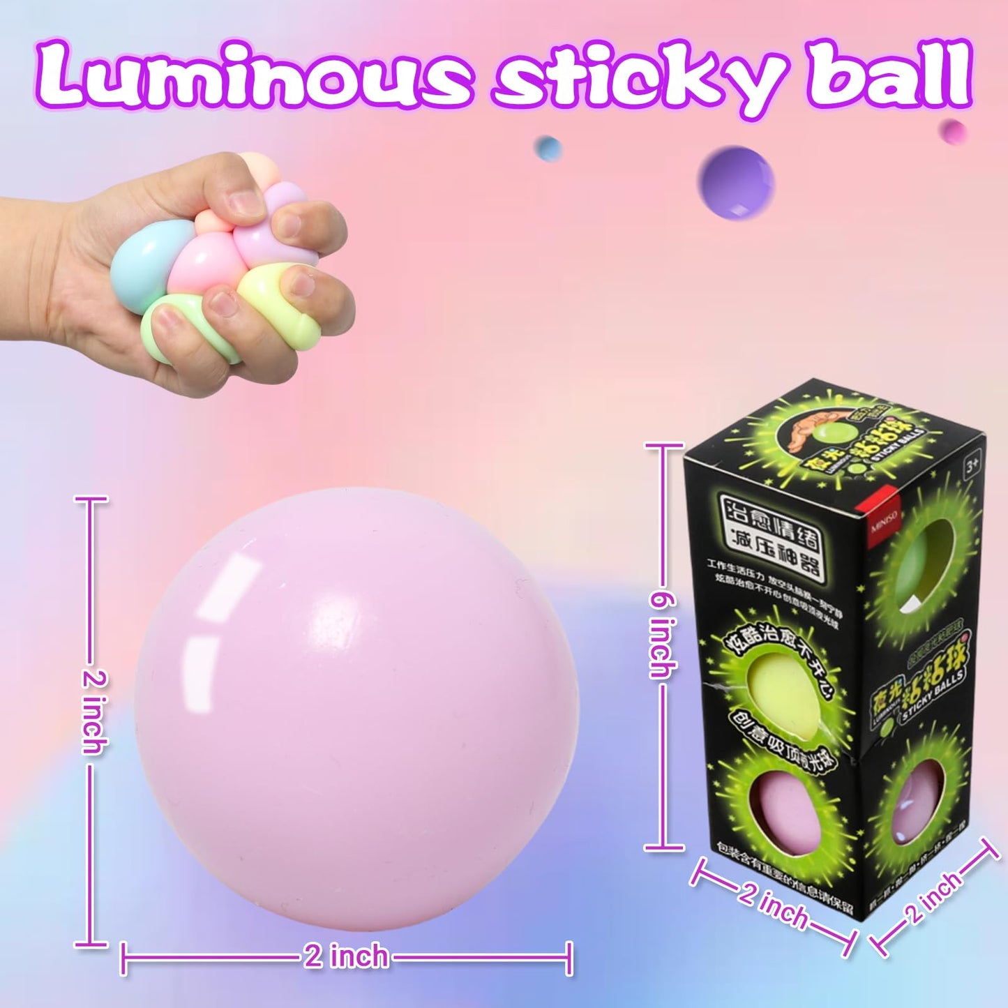 JIACAI 3pcs Lumi Balls Glow-in-the-Dark Ceiling Sticky Balls – ASMR Sticky Ball Set for All Ages