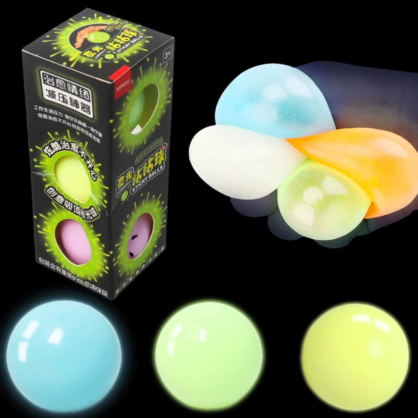 JIACAI 3pcs Lumi Balls Glow-in-the-Dark Ceiling Sticky Balls – ASMR Sticky Ball Set for All Ages