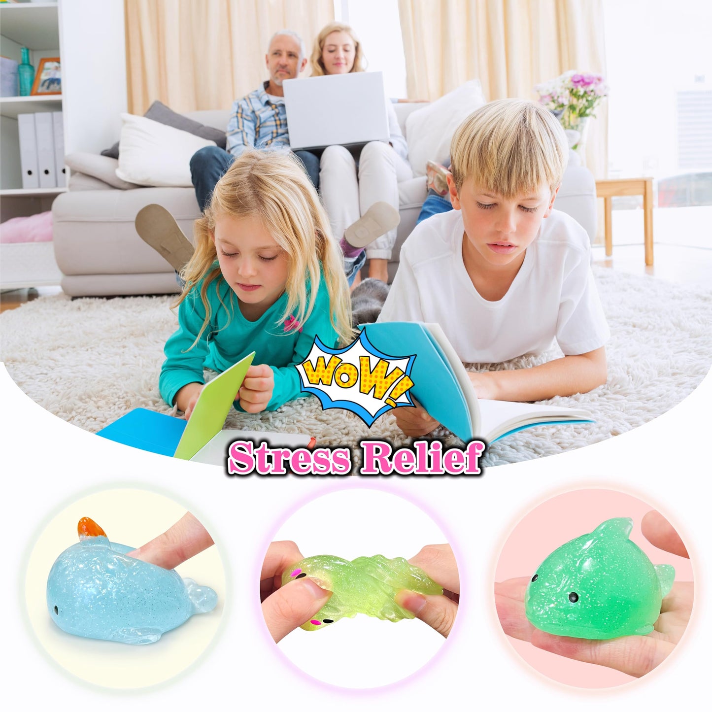 JIAHO 4 Pcs Jumbo Glitter Mochi Squishy Toys – Sea Animals Fidget Set for Kids