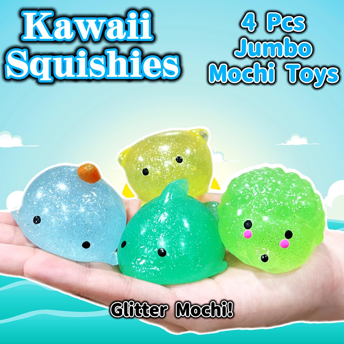 JIAHO 4 Pcs Jumbo Glitter Mochi Squishy Toys – Sea Animals Fidget Set for Kids