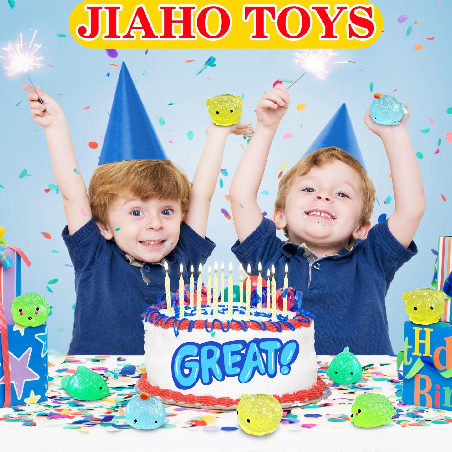 JIAHO 4 Pcs Jumbo Glitter Mochi Squishy Toys – Sea Animals Fidget Set for Kids