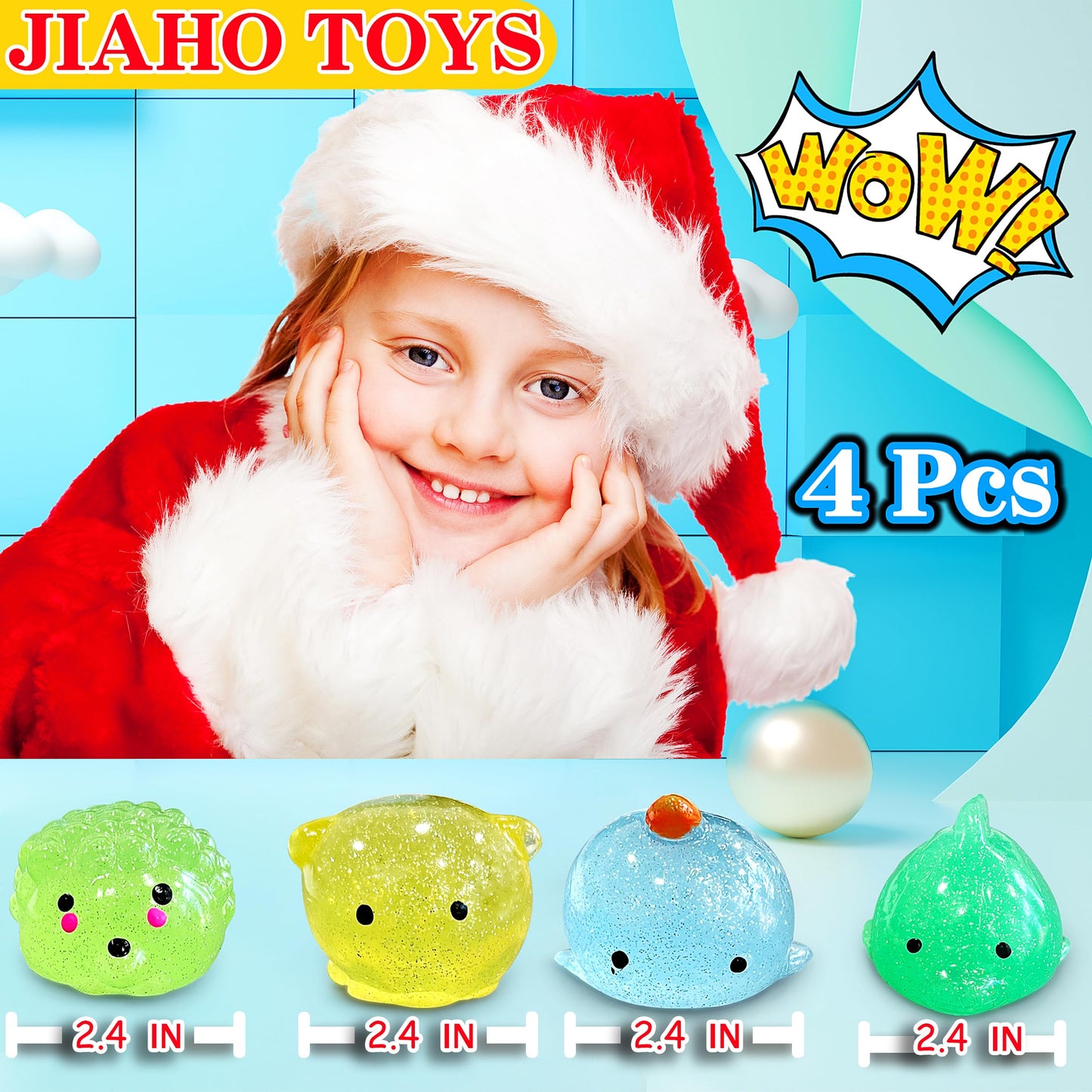 JIAHO 4 Pcs Jumbo Glitter Mochi Squishy Toys – Sea Animals Fidget Set for Kids