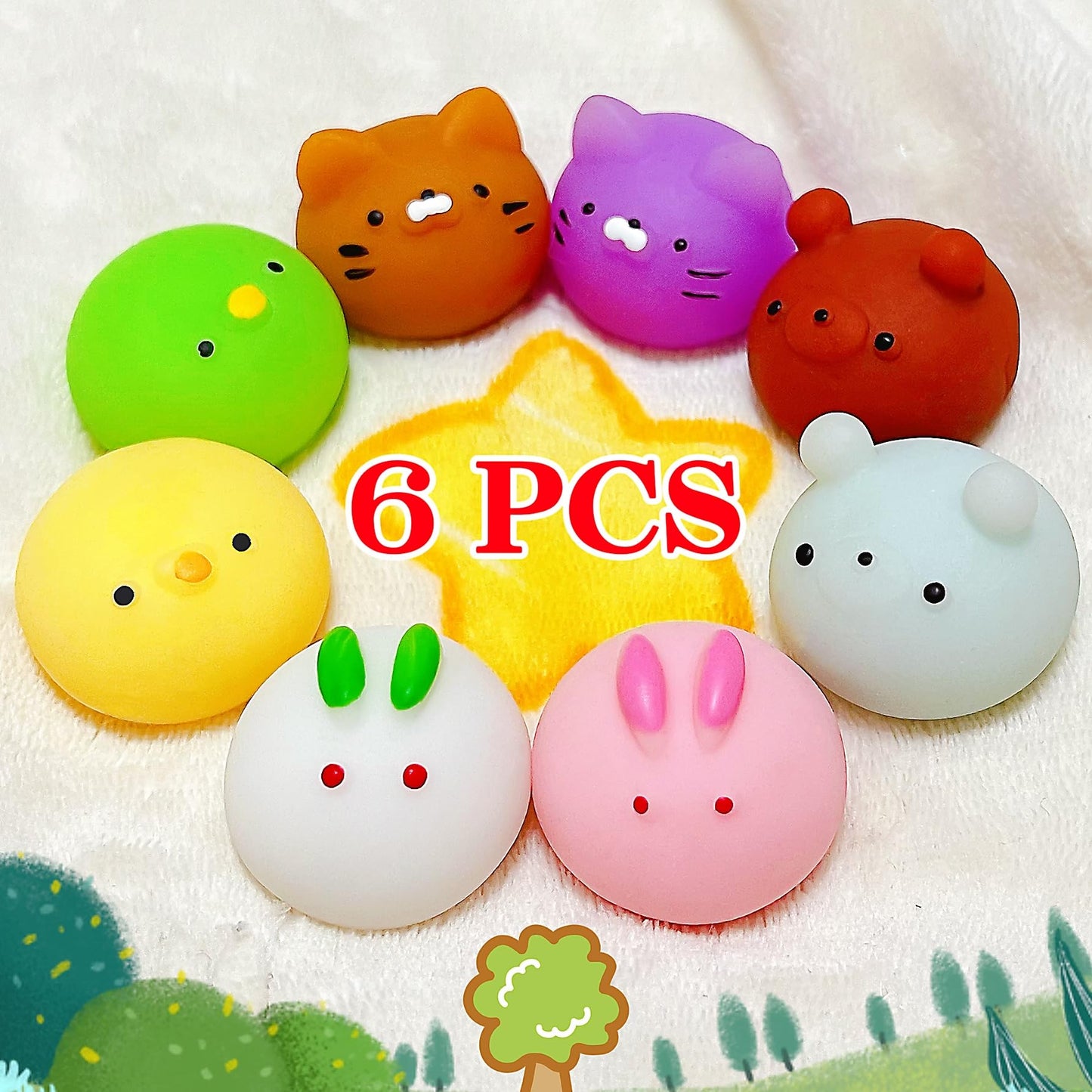 JIAHO 6 Pcs Mochi Squishy Toys – Cute Round Animal Fidgets for Party Favors and Classroom Prizes
