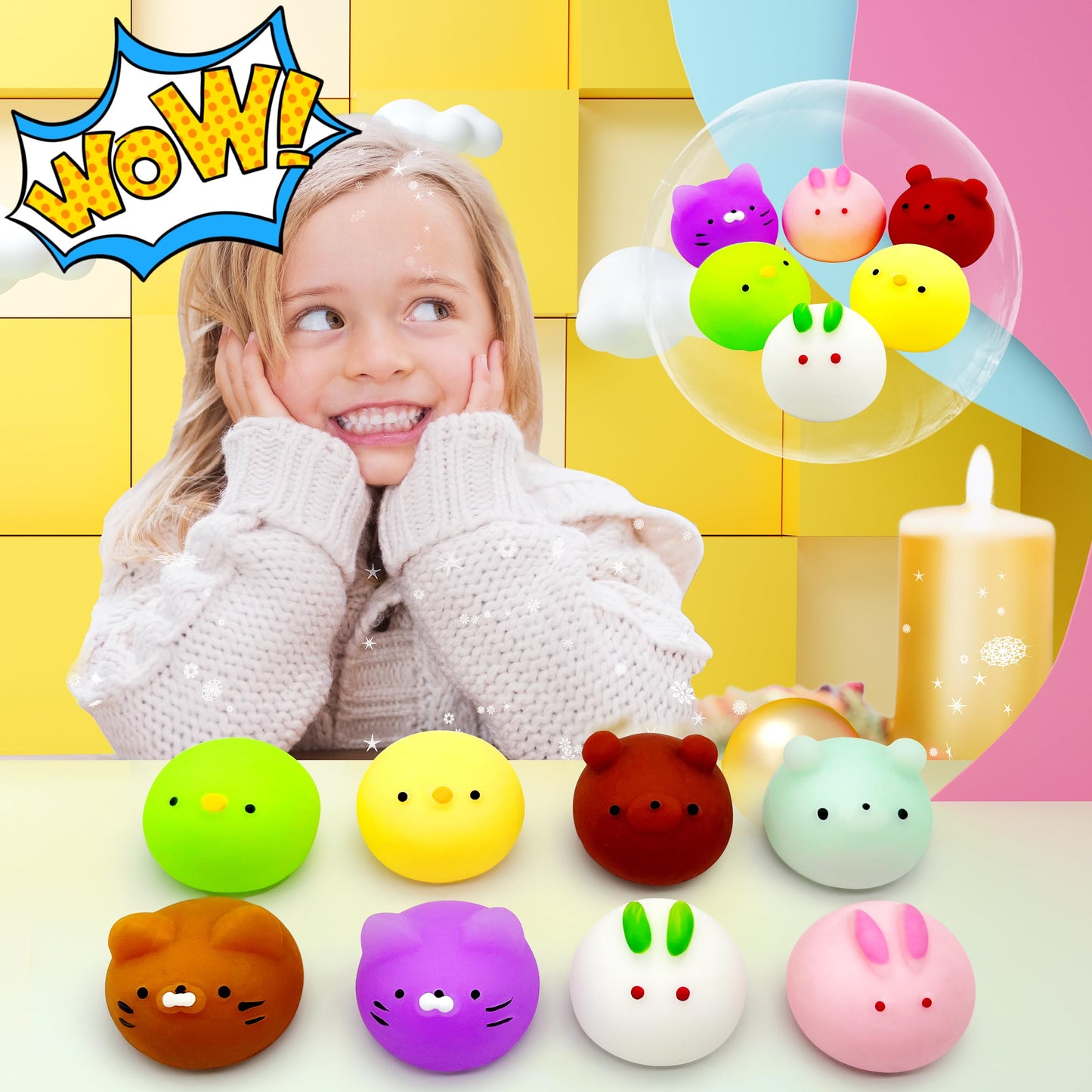 JIAHO 6 Pcs Mochi Squishy Toys – Cute Round Animal Fidgets for Party Favors and Classroom Prizes