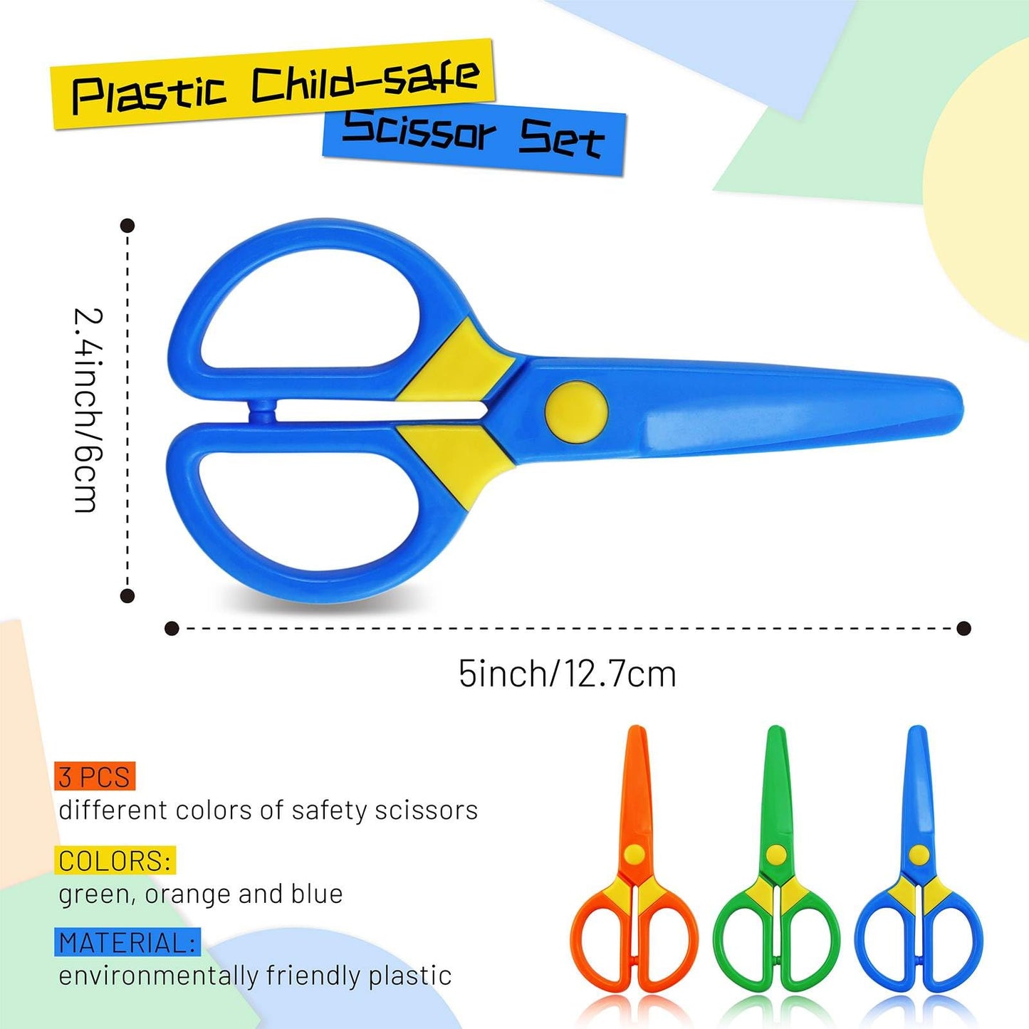 JIALEEY 3-Pack Plastic Child-Safe Scissors — Toddlers Training Scissors for Home & Classroom