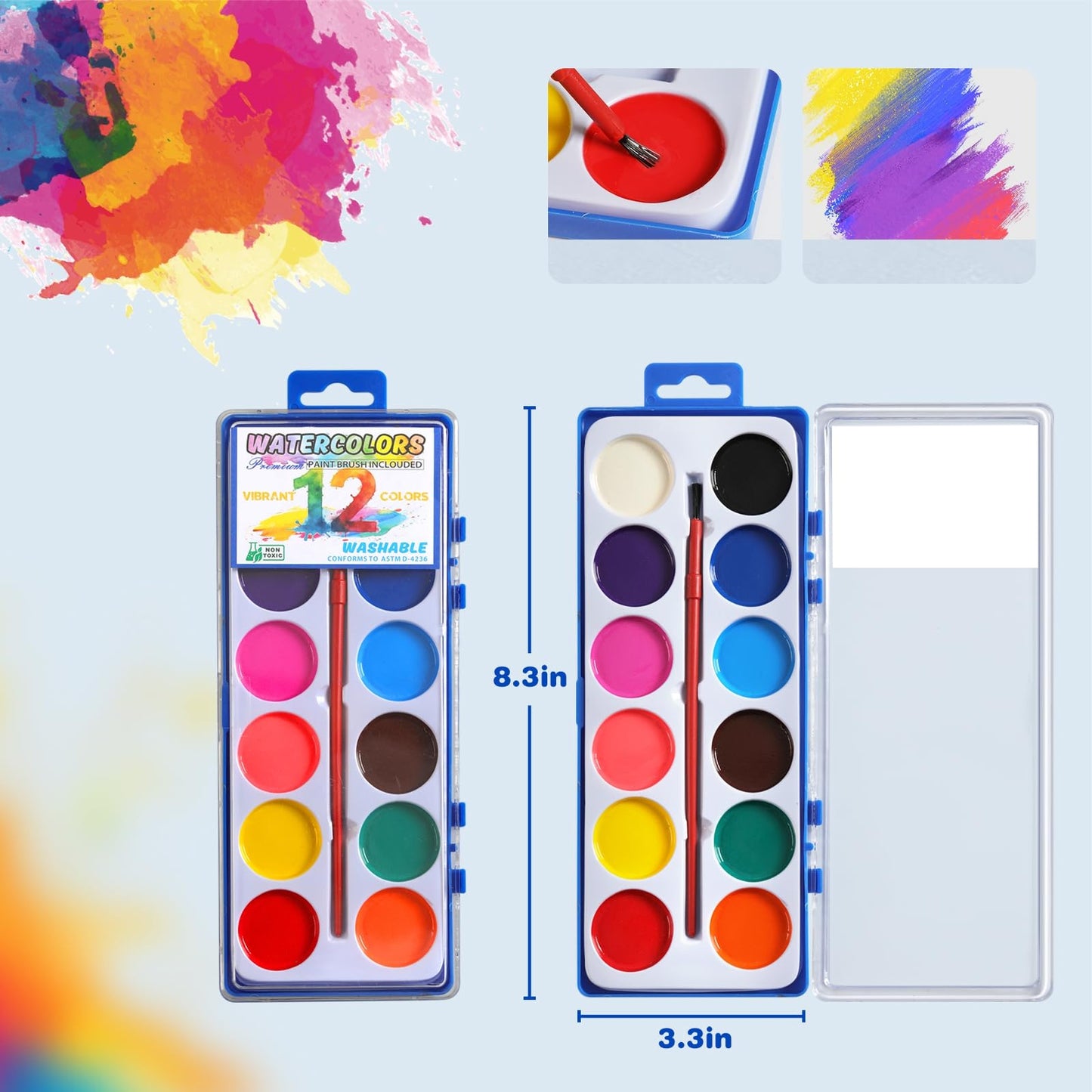 JIANERSHE 24-Pack Watercolor Set — 12 Vibrant, Washable Colors with Brushes for Classroom & Home