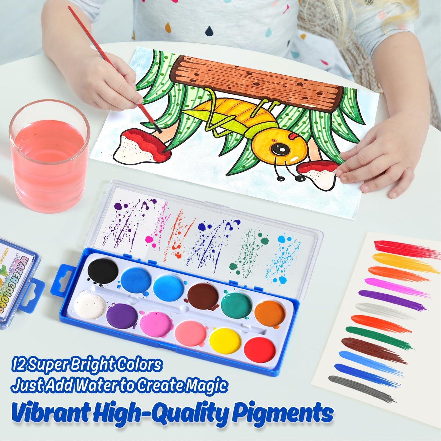 JIANERSHE 24-Pack Watercolor Set — 12 Vibrant, Washable Colors with Brushes for Classroom & Home