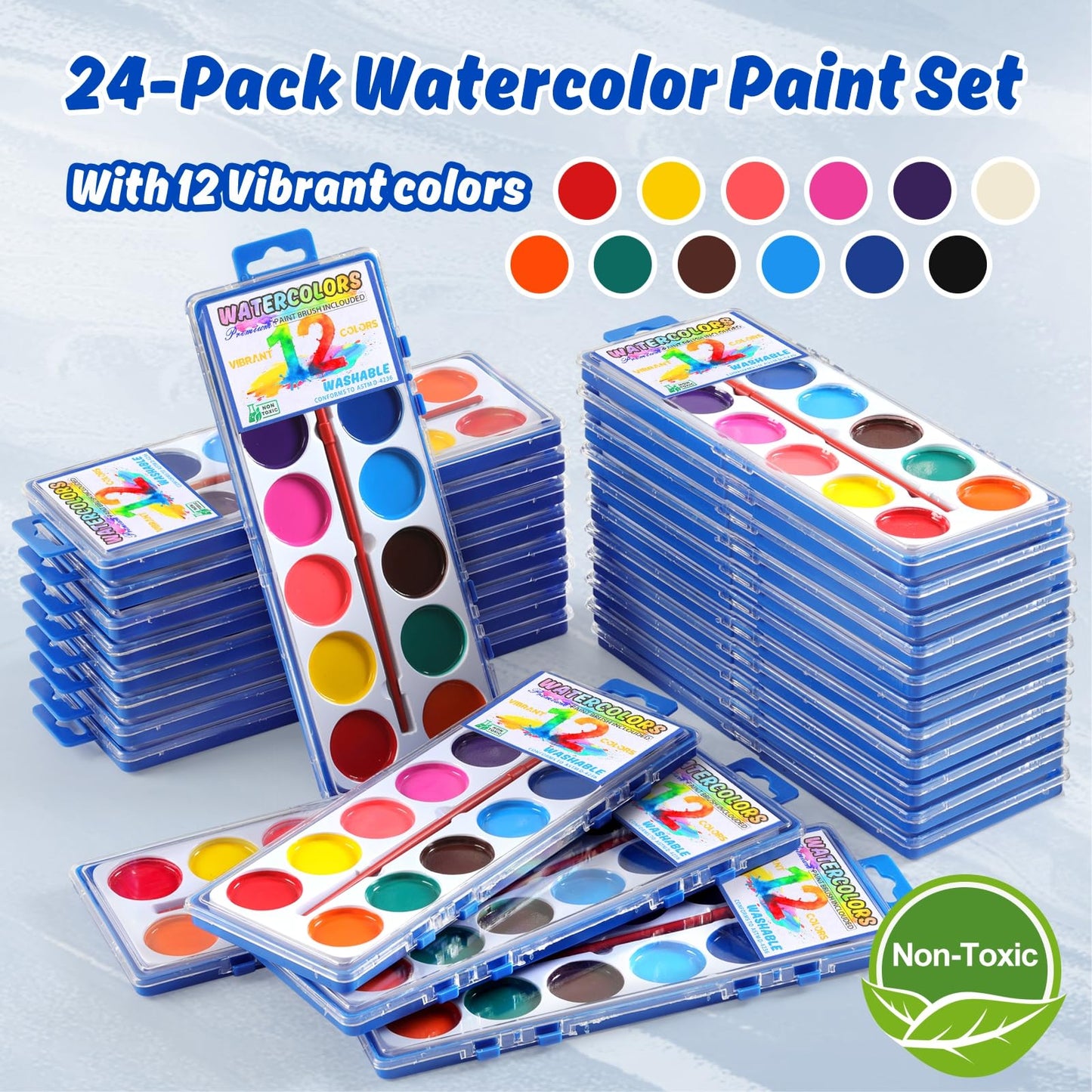 JIANERSHE 24-Pack Watercolor Set — 12 Vibrant, Washable Colors with Brushes for Classroom & Home