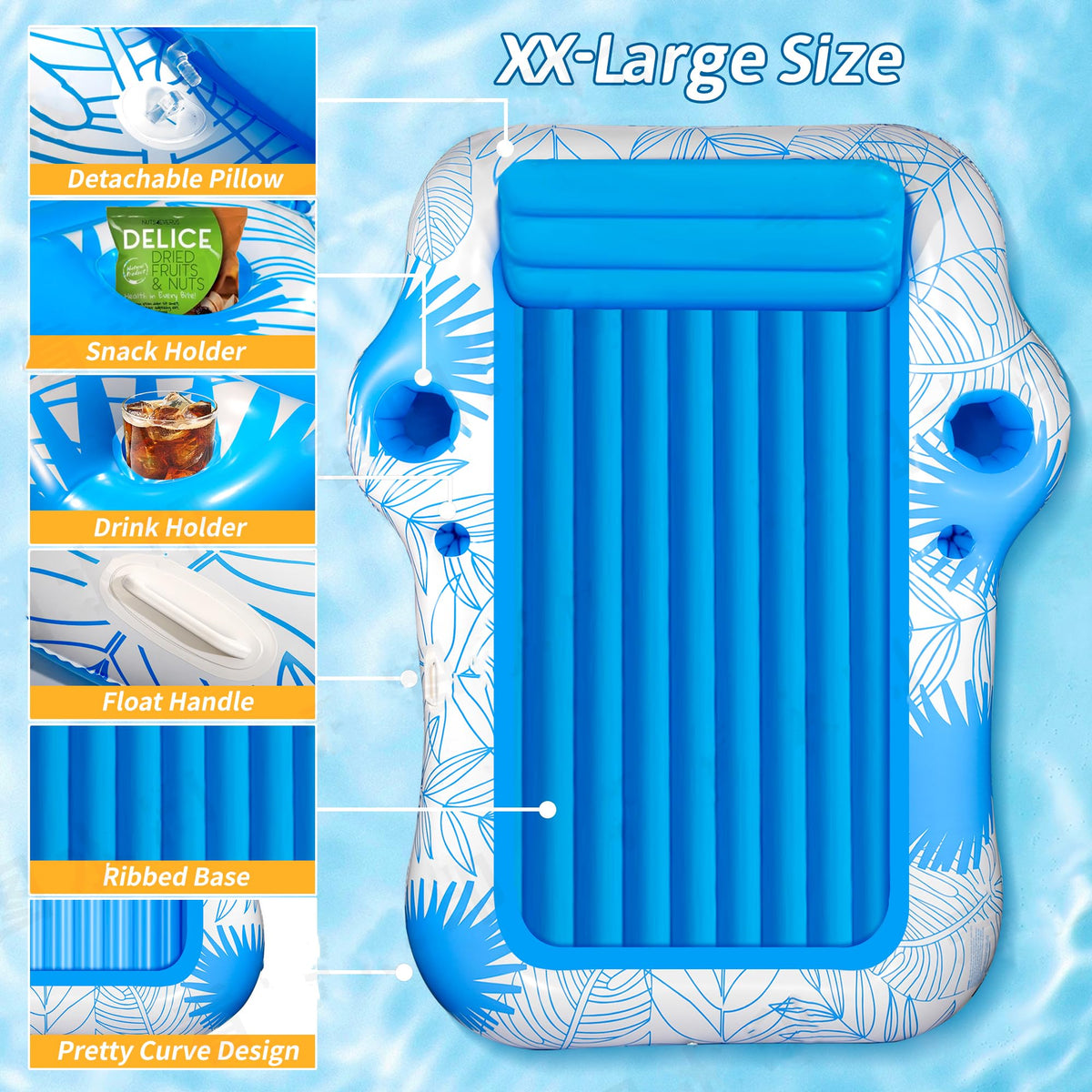 JIANYHW Inflatable Pool Lounger Float - 70x60 Inches X-Large Two-Person Sun Tan Tub with 2 Drink Holders