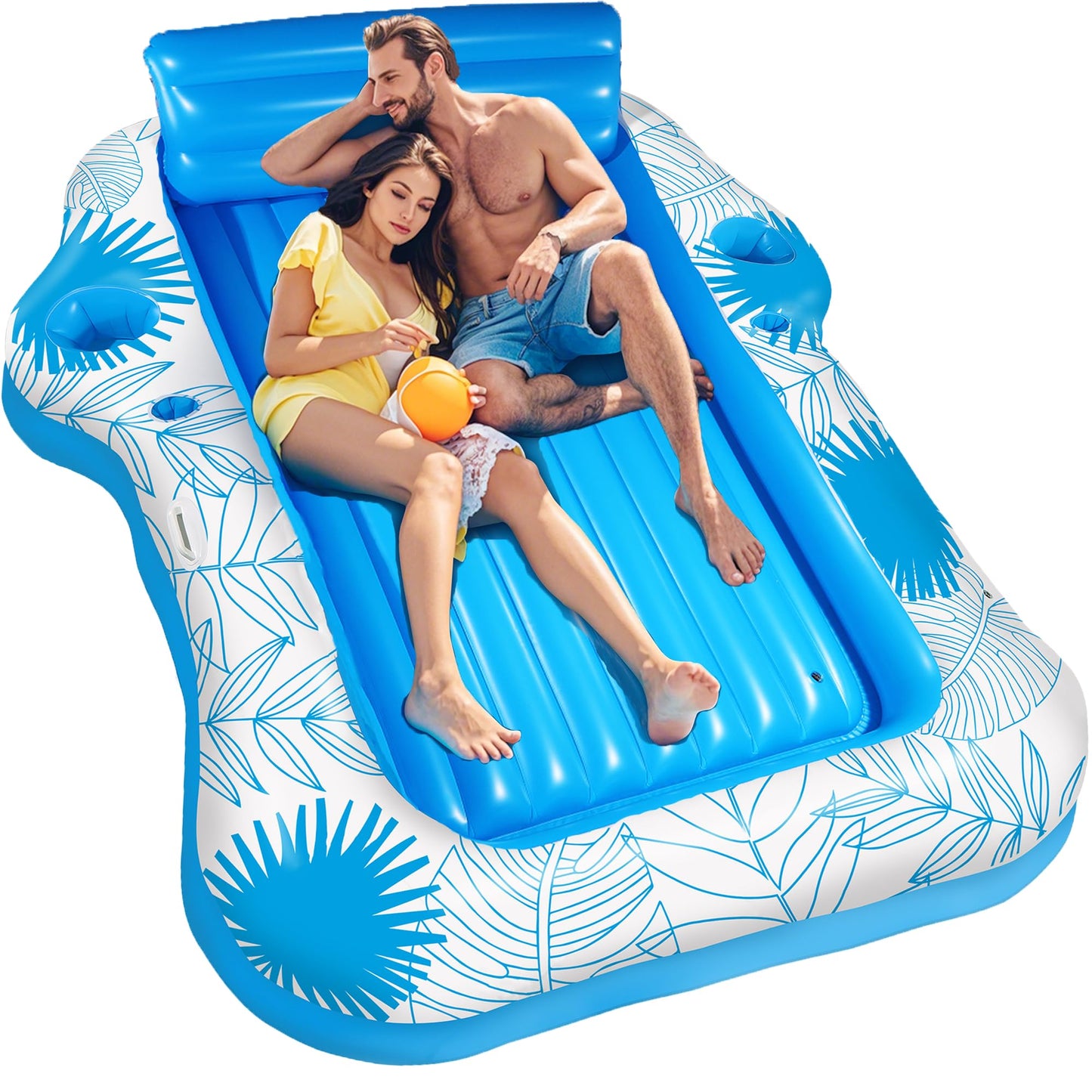 JIANYHW Inflatable Pool Lounger Float - 70x60 Inches X-Large Two-Person Sun Tan Tub with 2 Drink Holders
