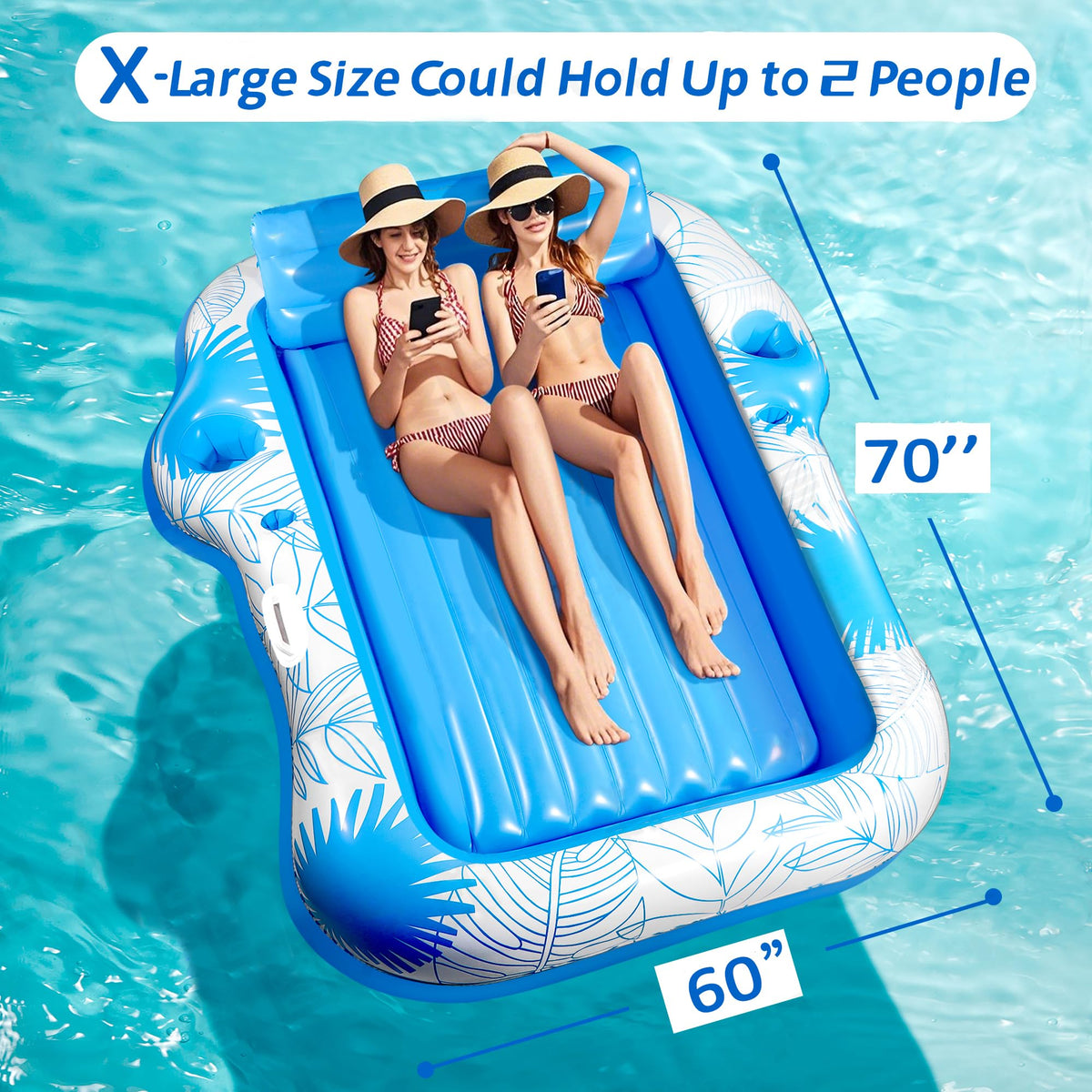 JIANYHW Inflatable Pool Lounger Float - 70x60 Inches X-Large Two-Person Sun Tan Tub with 2 Drink Holders