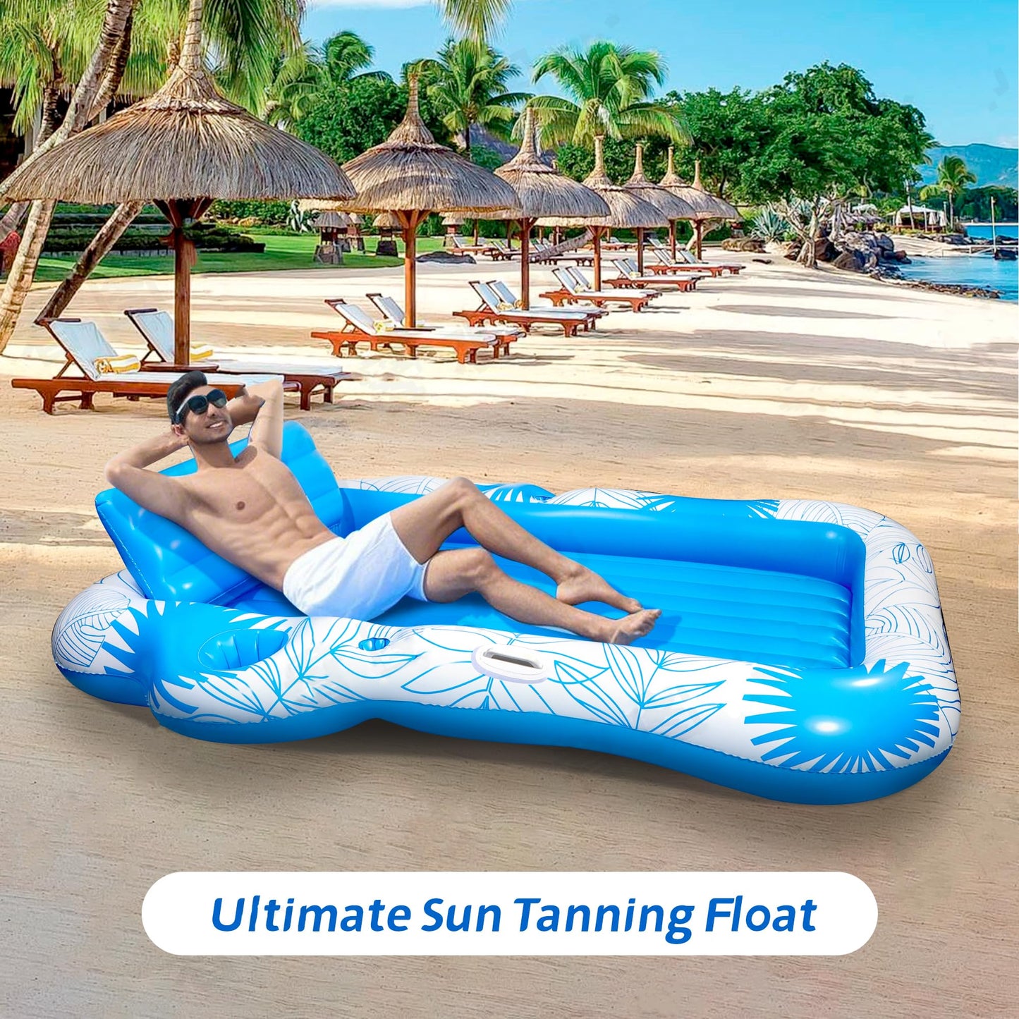 JIANYHW Inflatable Pool Lounger Float - 70x60 Inches X-Large Two-Person Sun Tan Tub with 2 Drink Holders