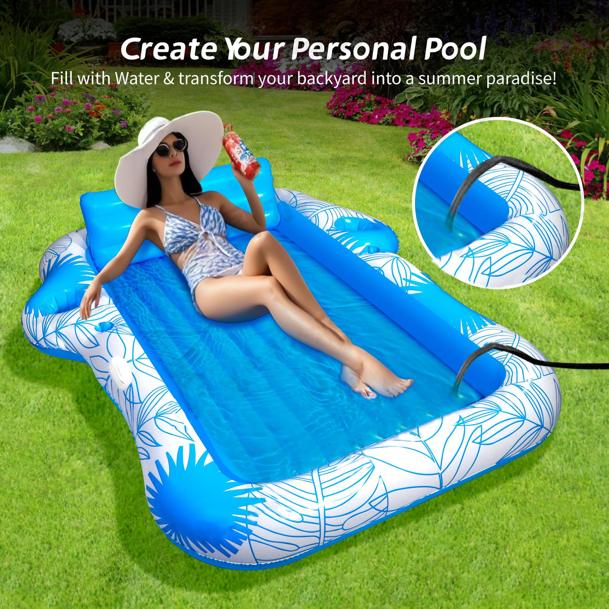 JIANYHW Inflatable Pool Lounger Float - 70x60 Inches X-Large Two-Person Sun Tan Tub with 2 Drink Holders