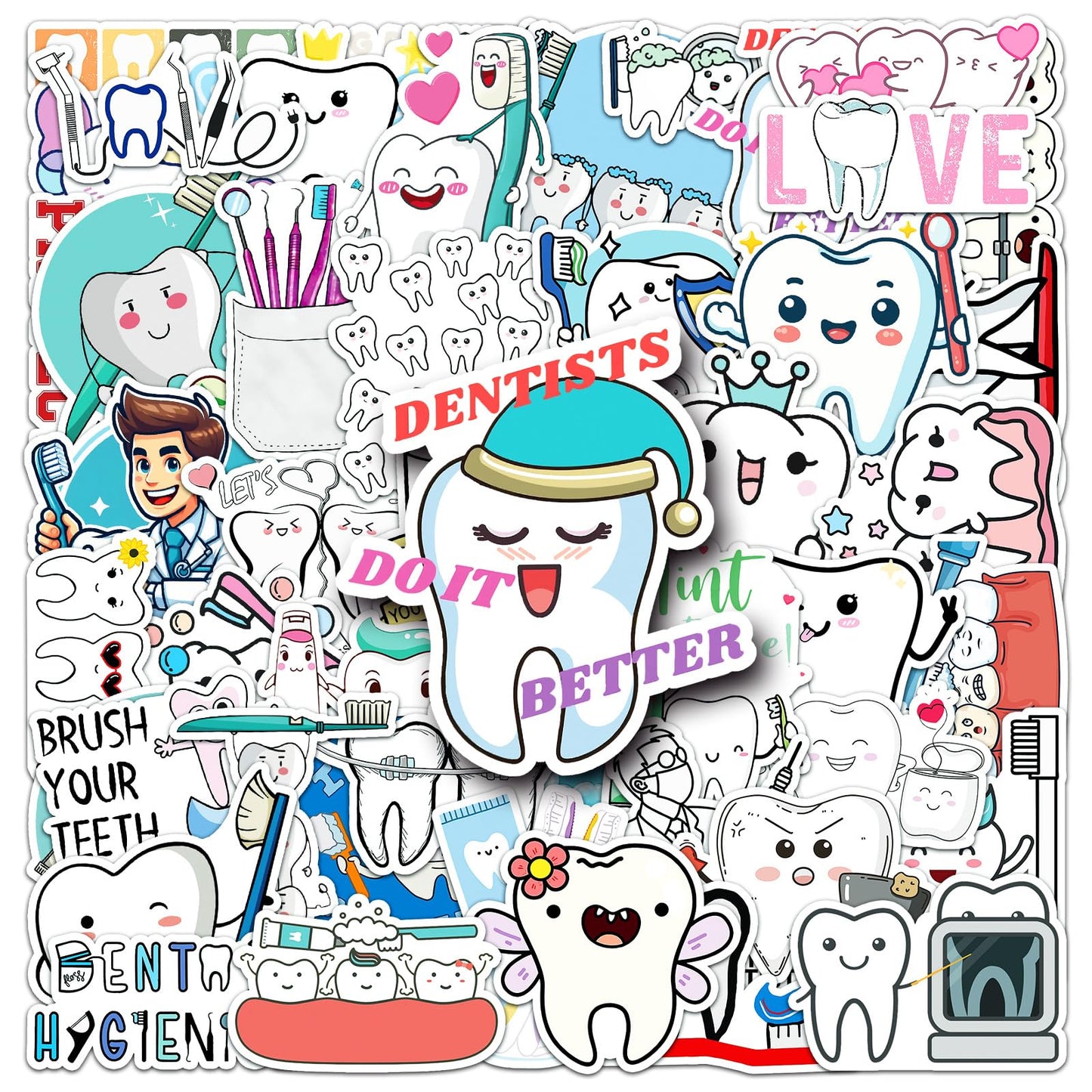 Jictegb Tooth Stickers — 50 Pcs Vinyl Decals for Laptop, Bottle, Luggage & More
