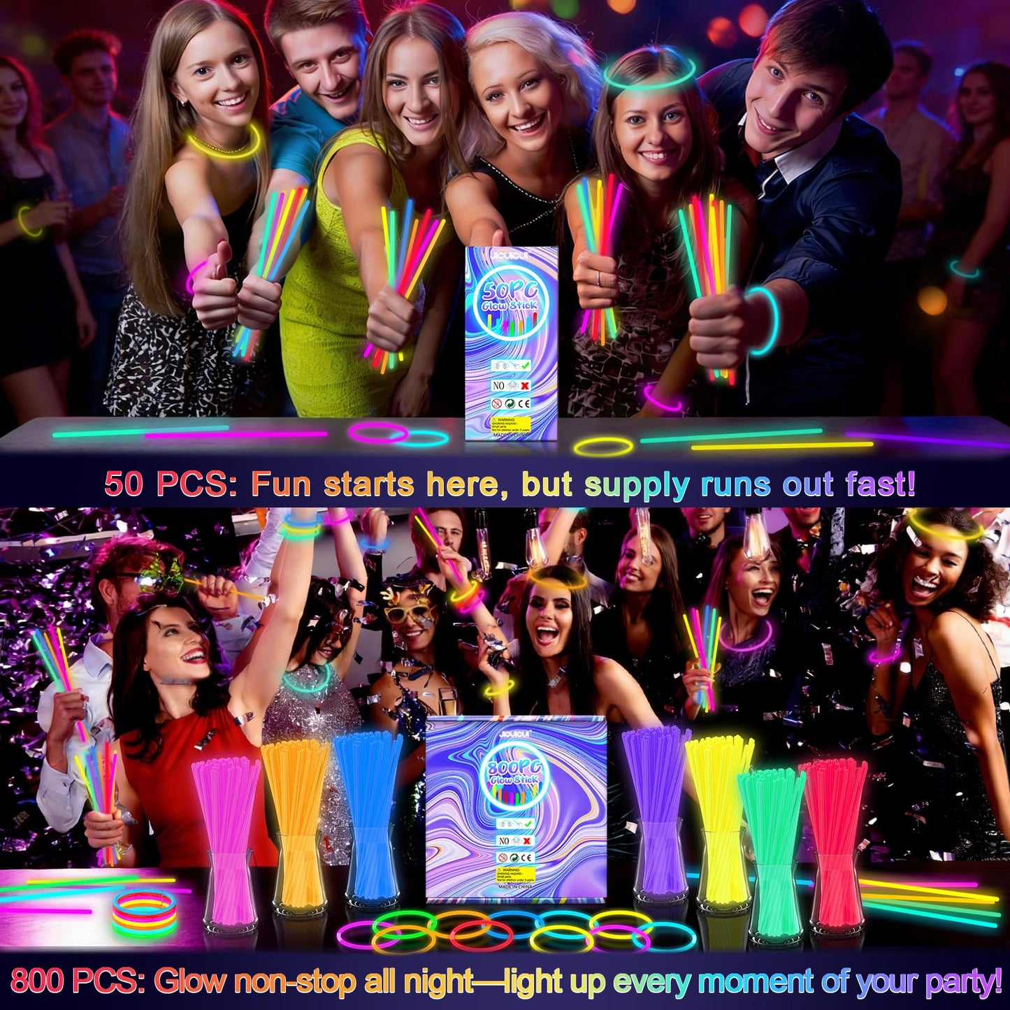 JICUICUI Glow Sticks Bulk Party Pack – Ultra Bright 800+ Pieces with Necklaces, Bracelets & Connectors